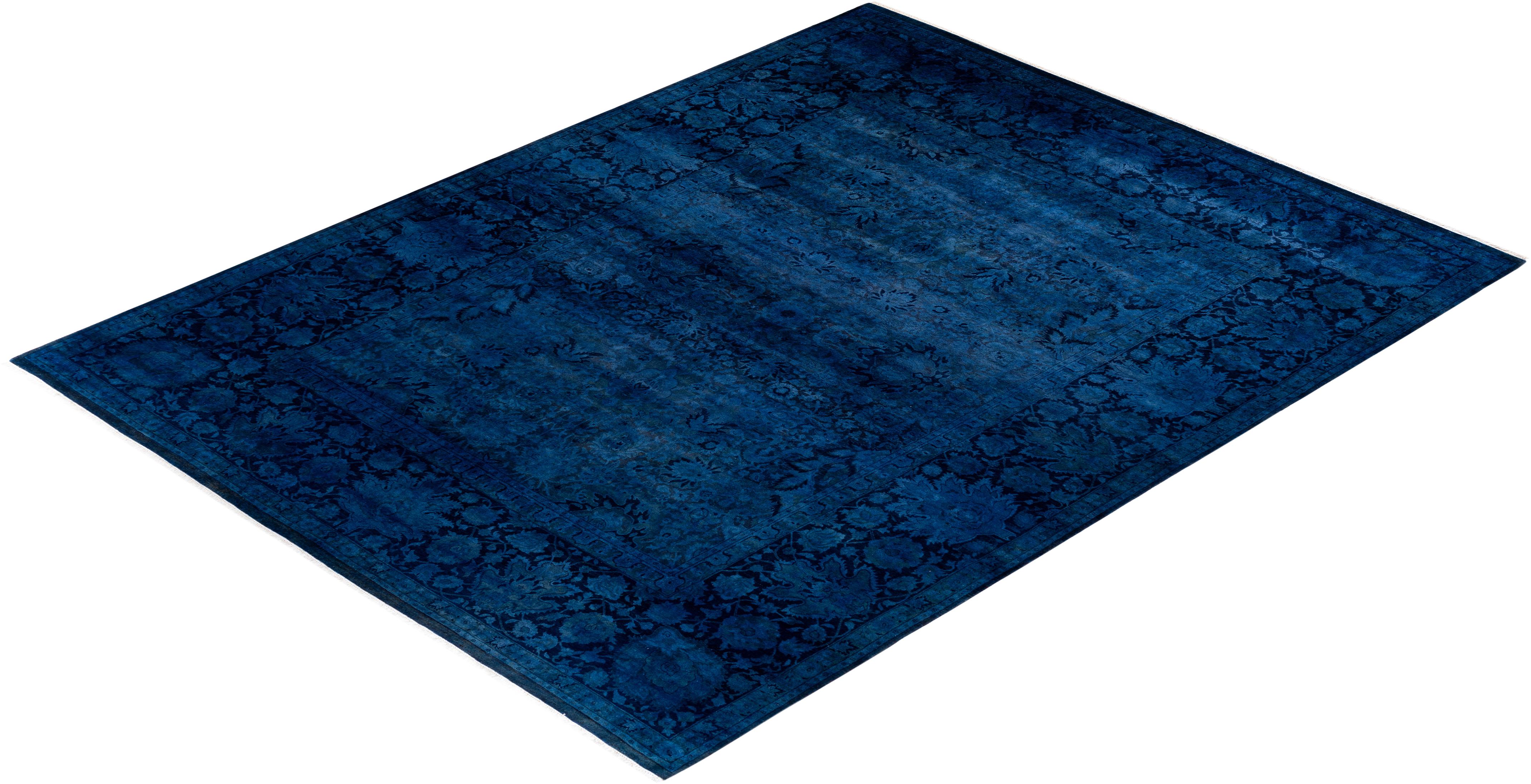 Contemporary Overdyed Hand Knotted Wool Blue Area Rug For Sale 4
