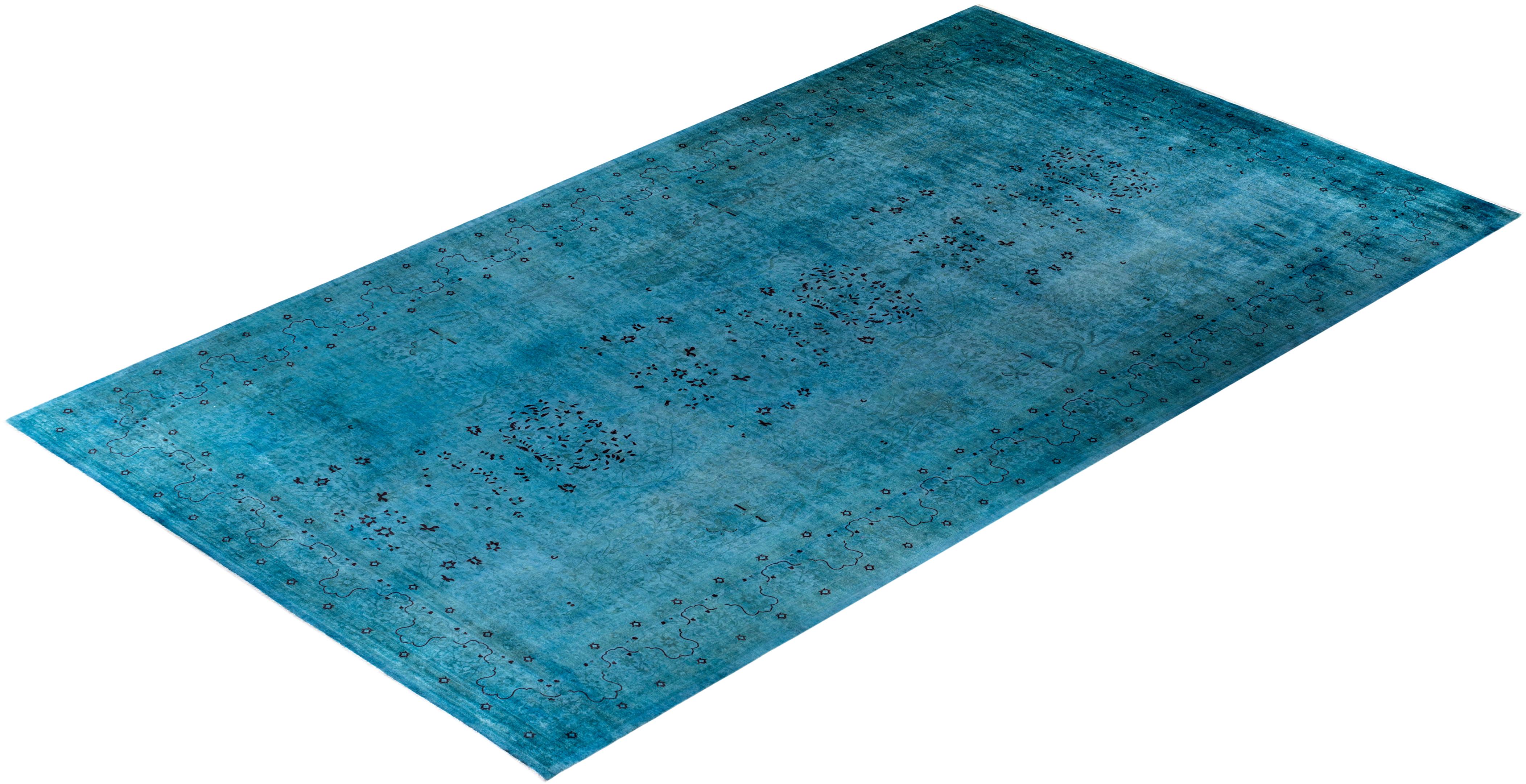 Contemporary Overdyed Hand Knotted Wool Blue Area Rug For Sale 4