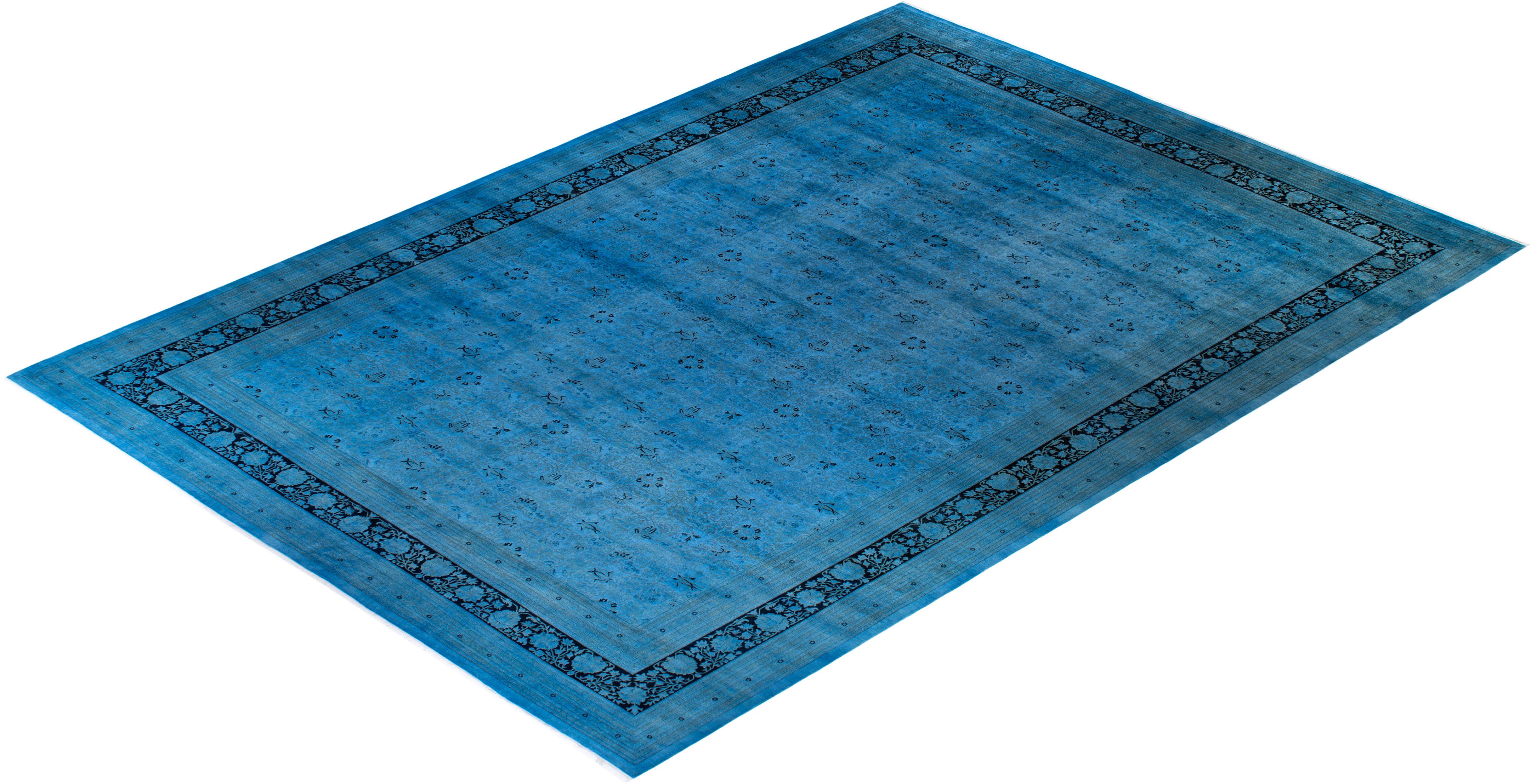 Contemporary Overdyed Hand Knotted Wool Blue Area Rug For Sale 4