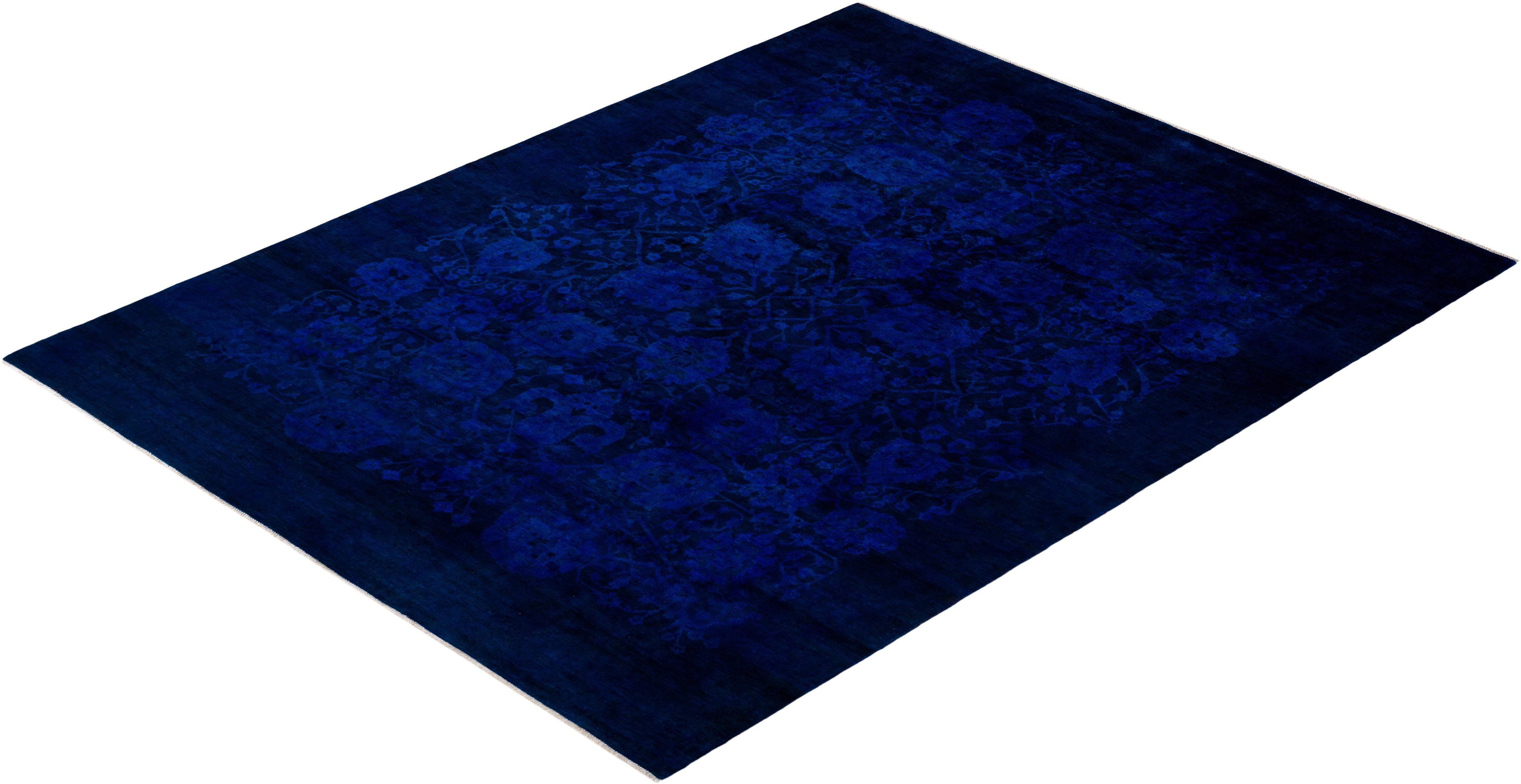 Contemporary Overdyed Hand Knotted Wool Blue Area Rug For Sale 4