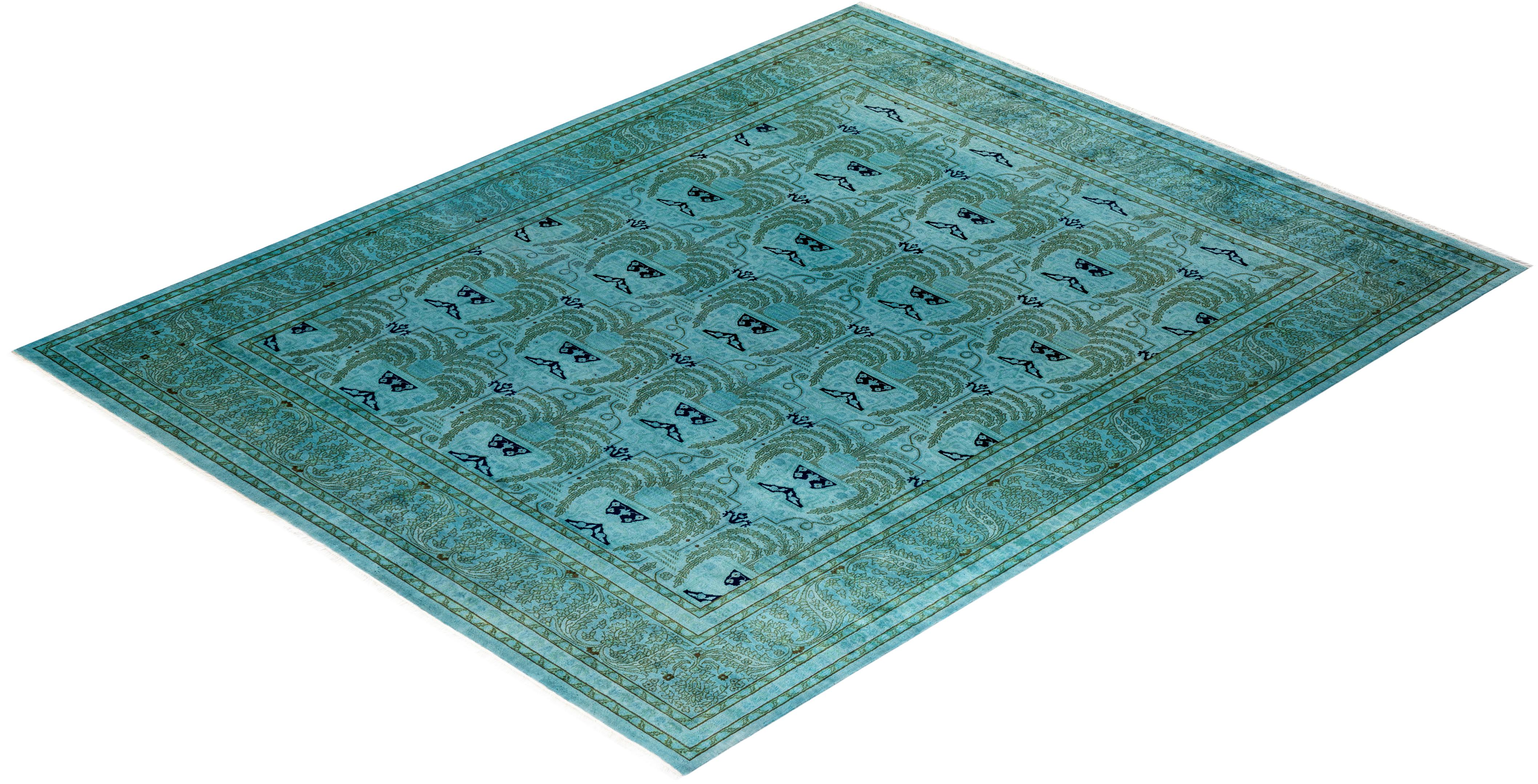 Contemporary Overdyed Hand Knotted Wool Blue Area Rug For Sale 4