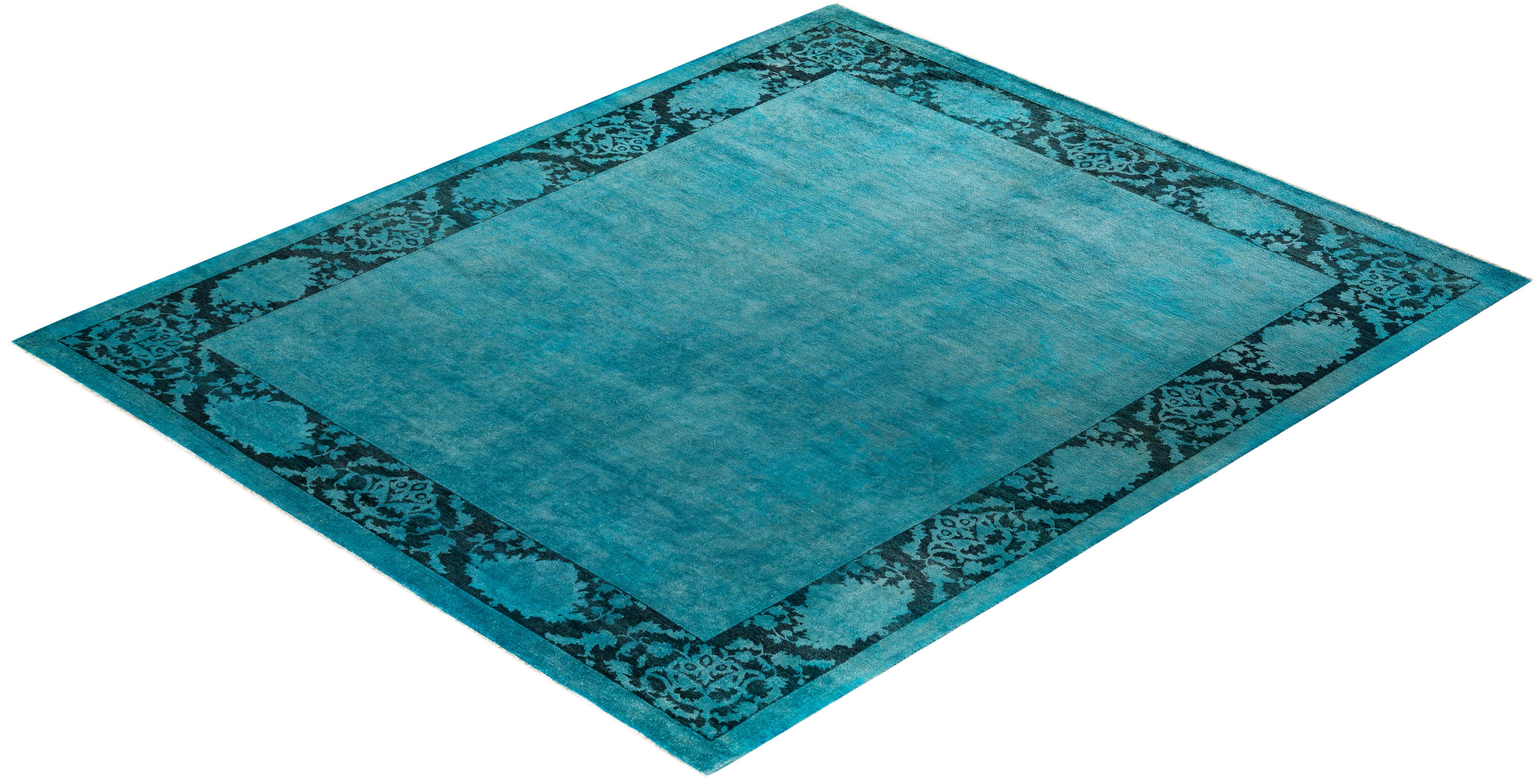 Contemporary Overdyed Hand Knotted Wool Blue Area Rug For Sale 4