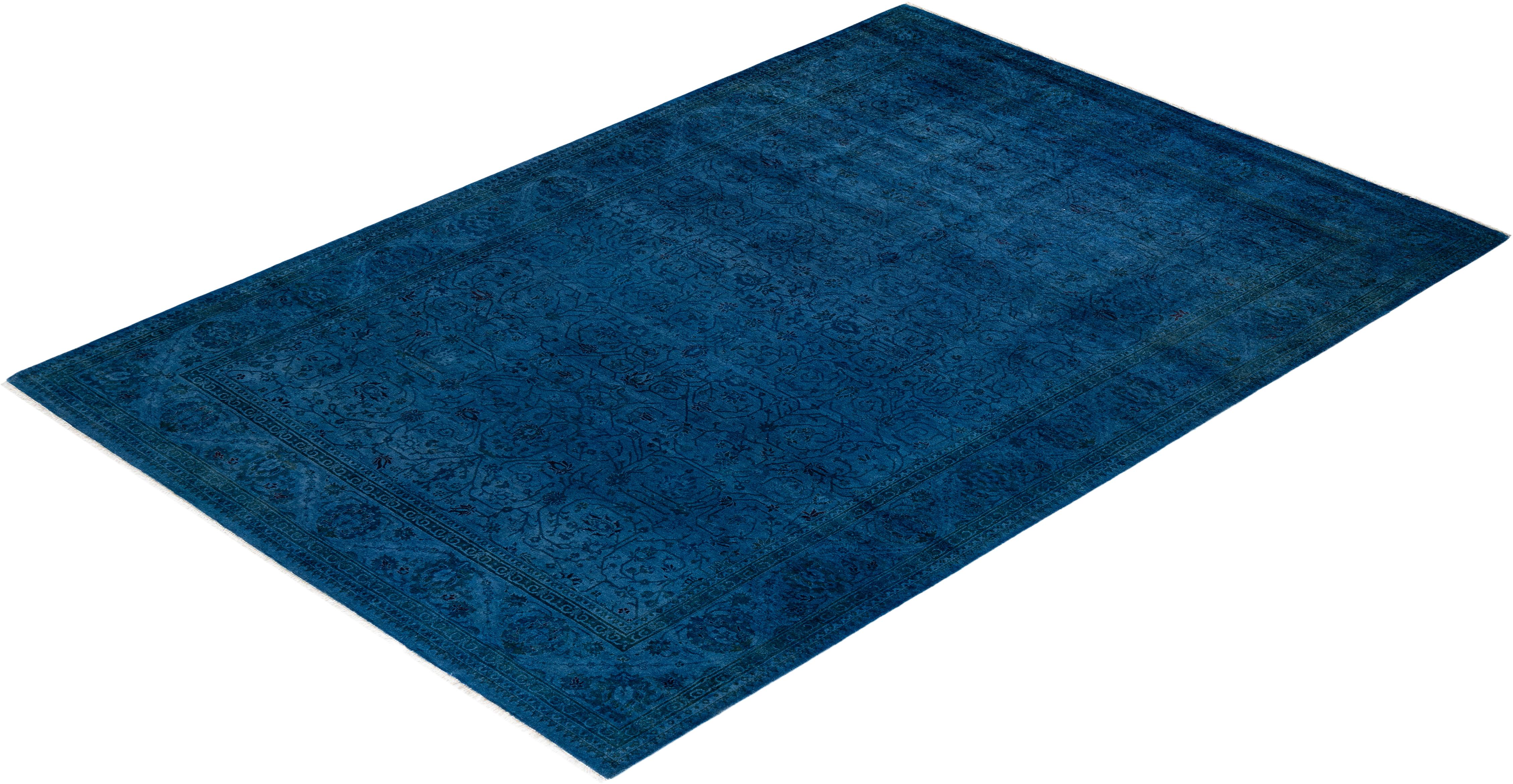 Contemporary Overdyed Hand Knotted Wool Blue Area Rug For Sale 4