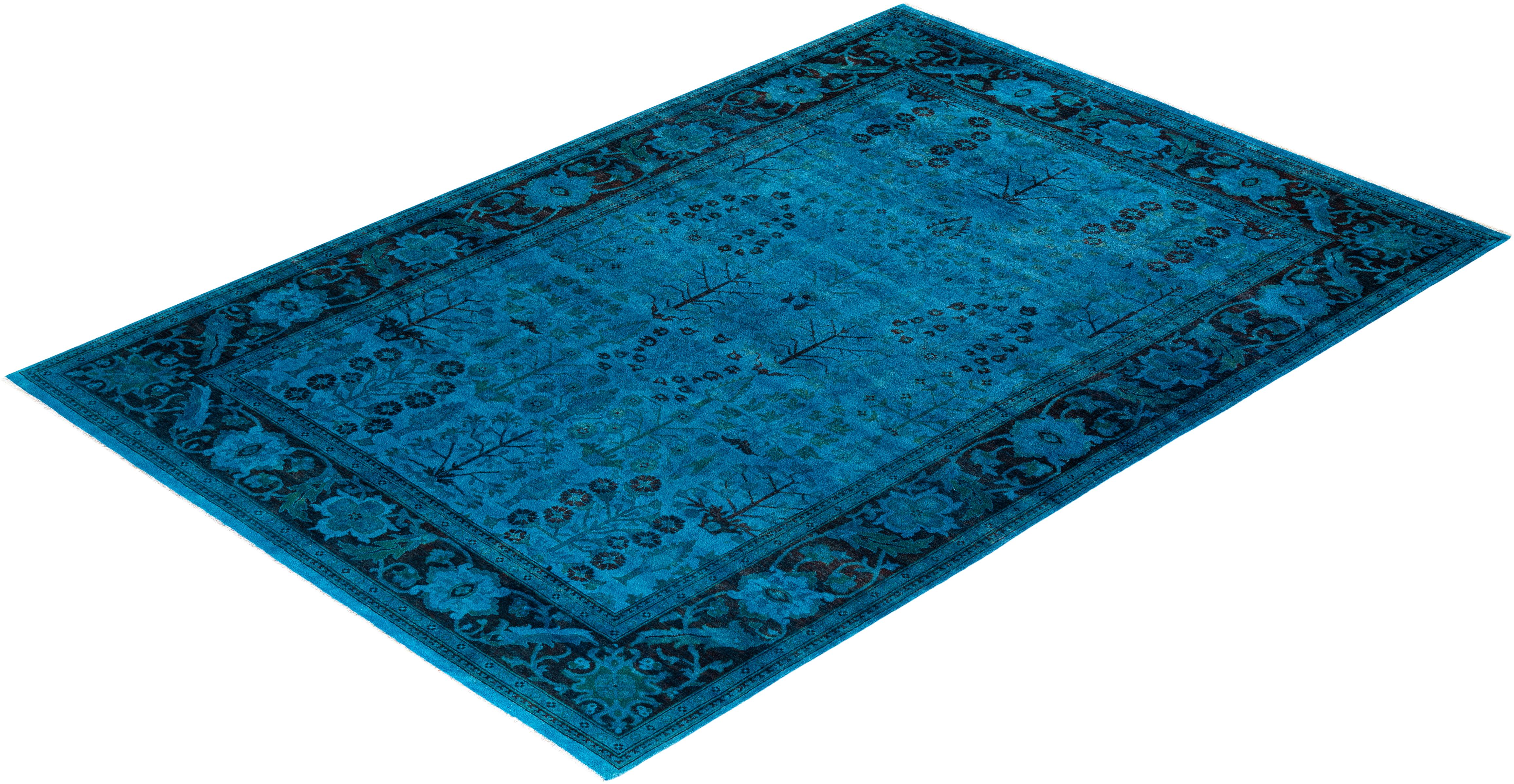 Tapis de sol contemporain en laine surteinte nouée à la main, bleu en vente 2
