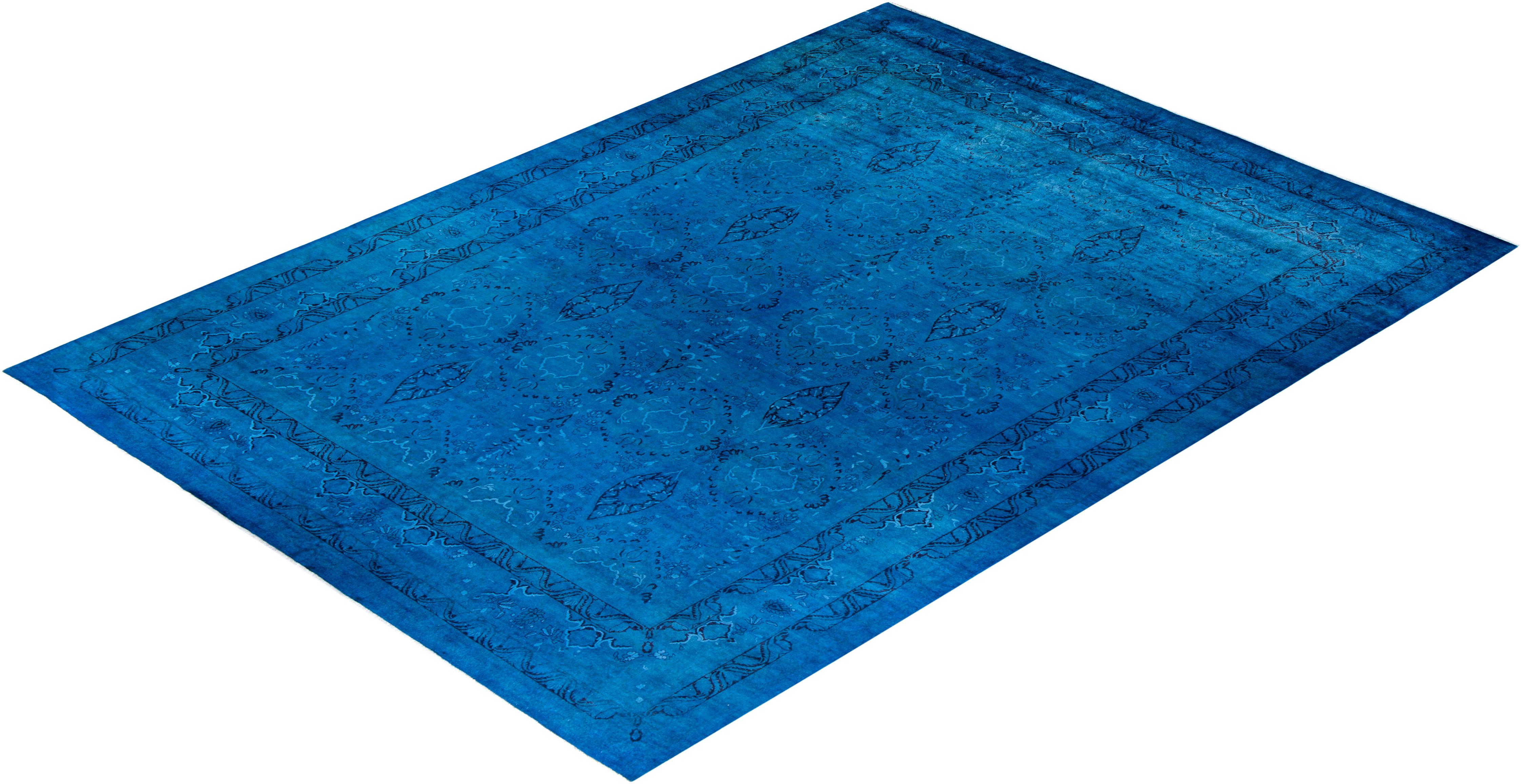 Tapis de sol contemporain en laine surteinte nouée à la main, bleu en vente 2