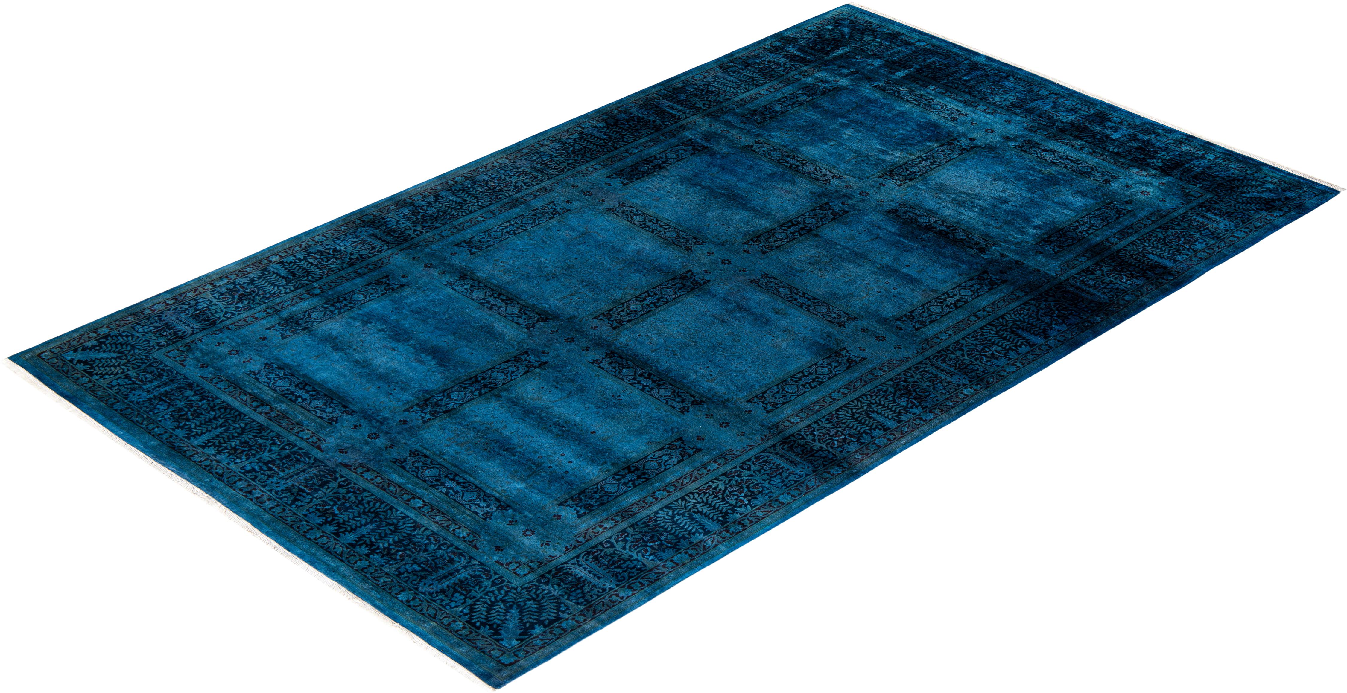 Contemporary Overdyed Hand Knotted Wool Blue Area Rug For Sale 4