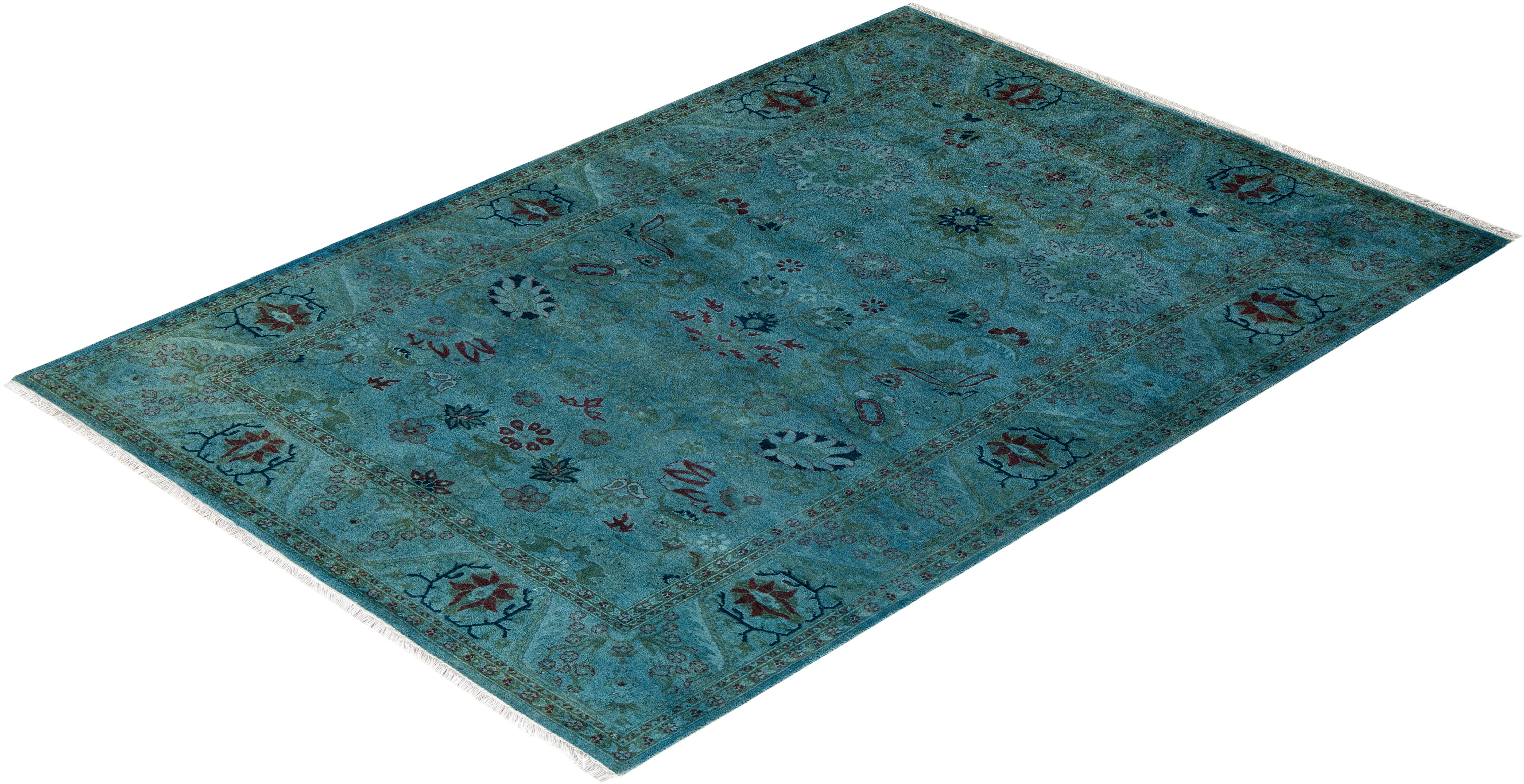 Contemporary Overdyed Hand Knotted Wool Blue Area Rug For Sale 4