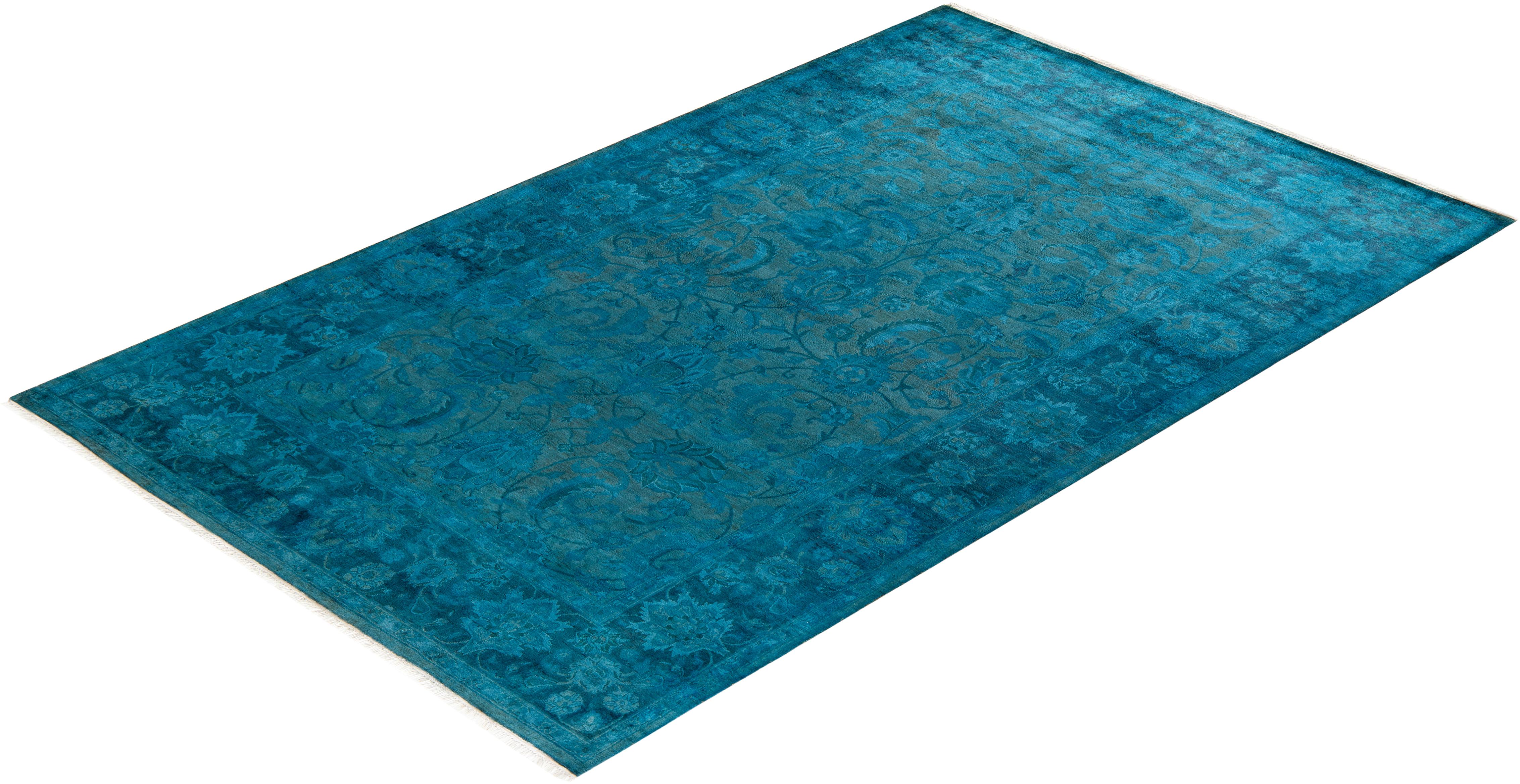 Contemporary Overdyed Hand Knotted Wool Blue Area Rug For Sale 4