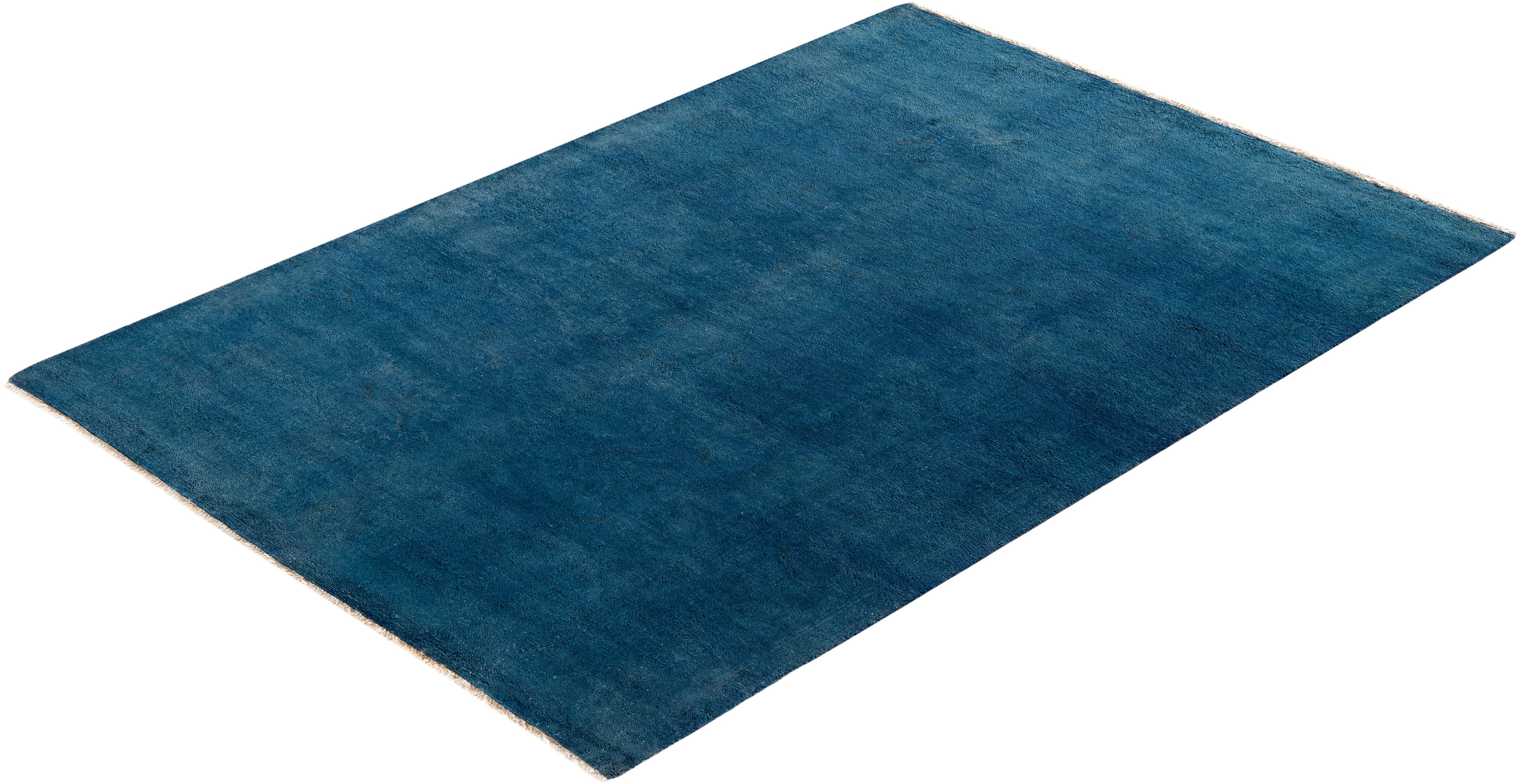 Contemporary Overdyed Hand Knotted Wool Blue Area Rug For Sale 4