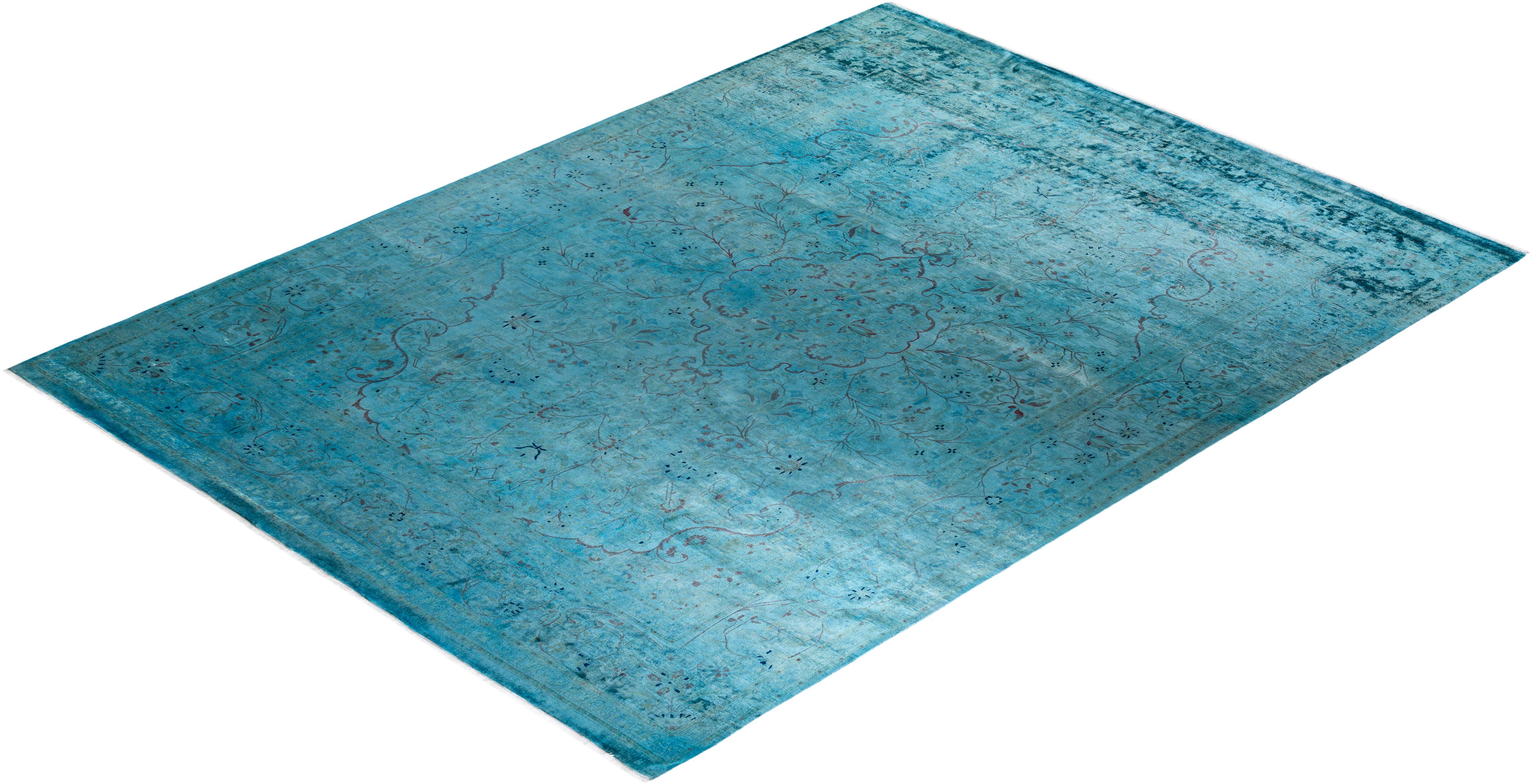 Tapis de sol contemporain en laine surteinte nouée à la main, bleu en vente 2