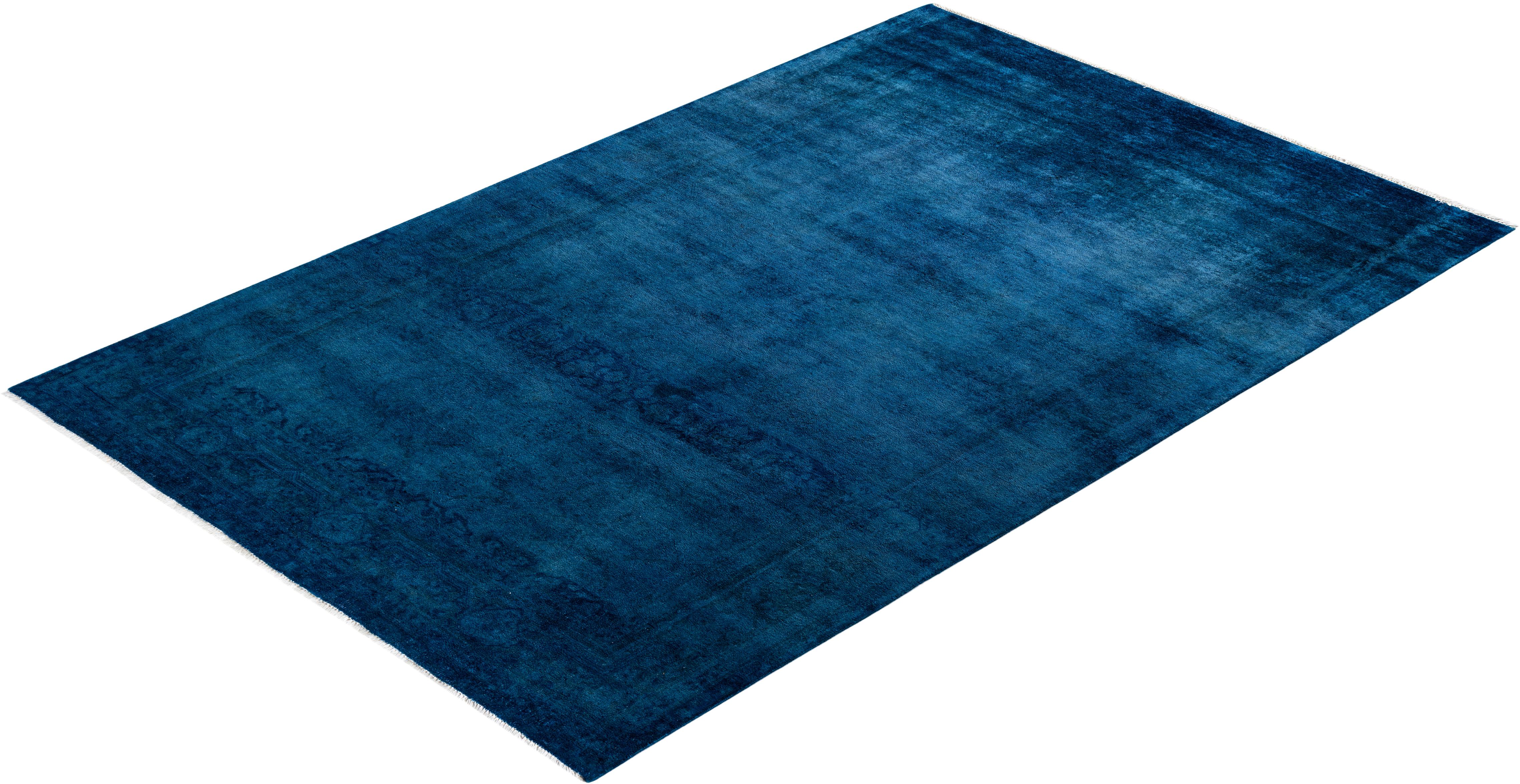 Contemporary Overdyed Hand Knotted Wool Blue Area Rug For Sale 4