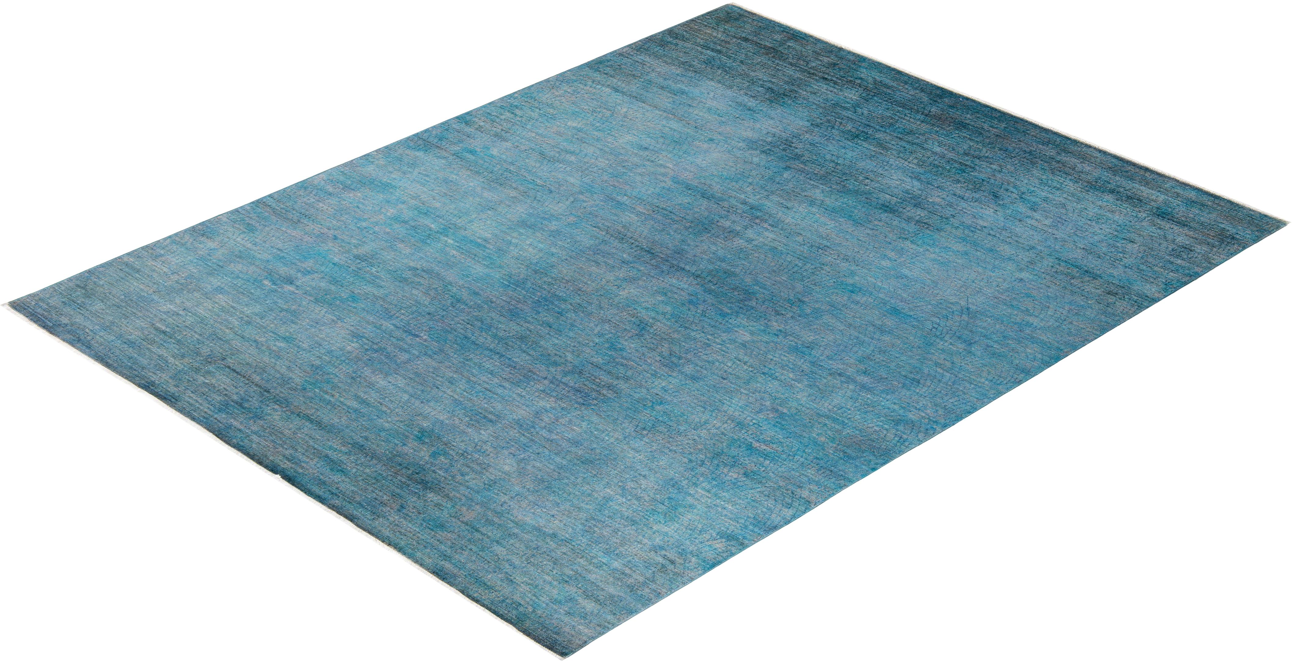 Tapis de sol contemporain en laine surteinte nouée à la main, bleu en vente 2