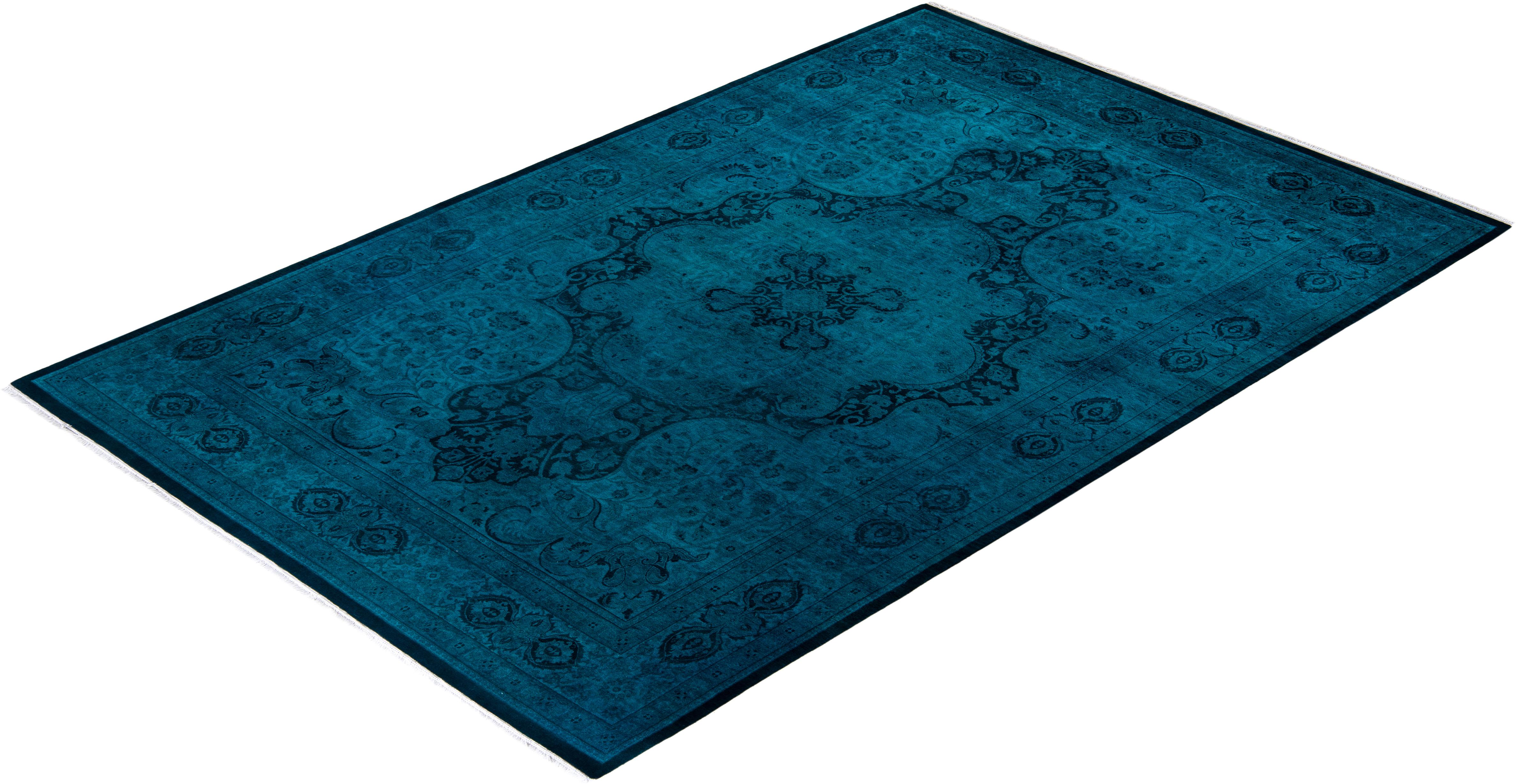 Contemporary Overdyed Hand Knotted Wool Blue Area Rug For Sale 4