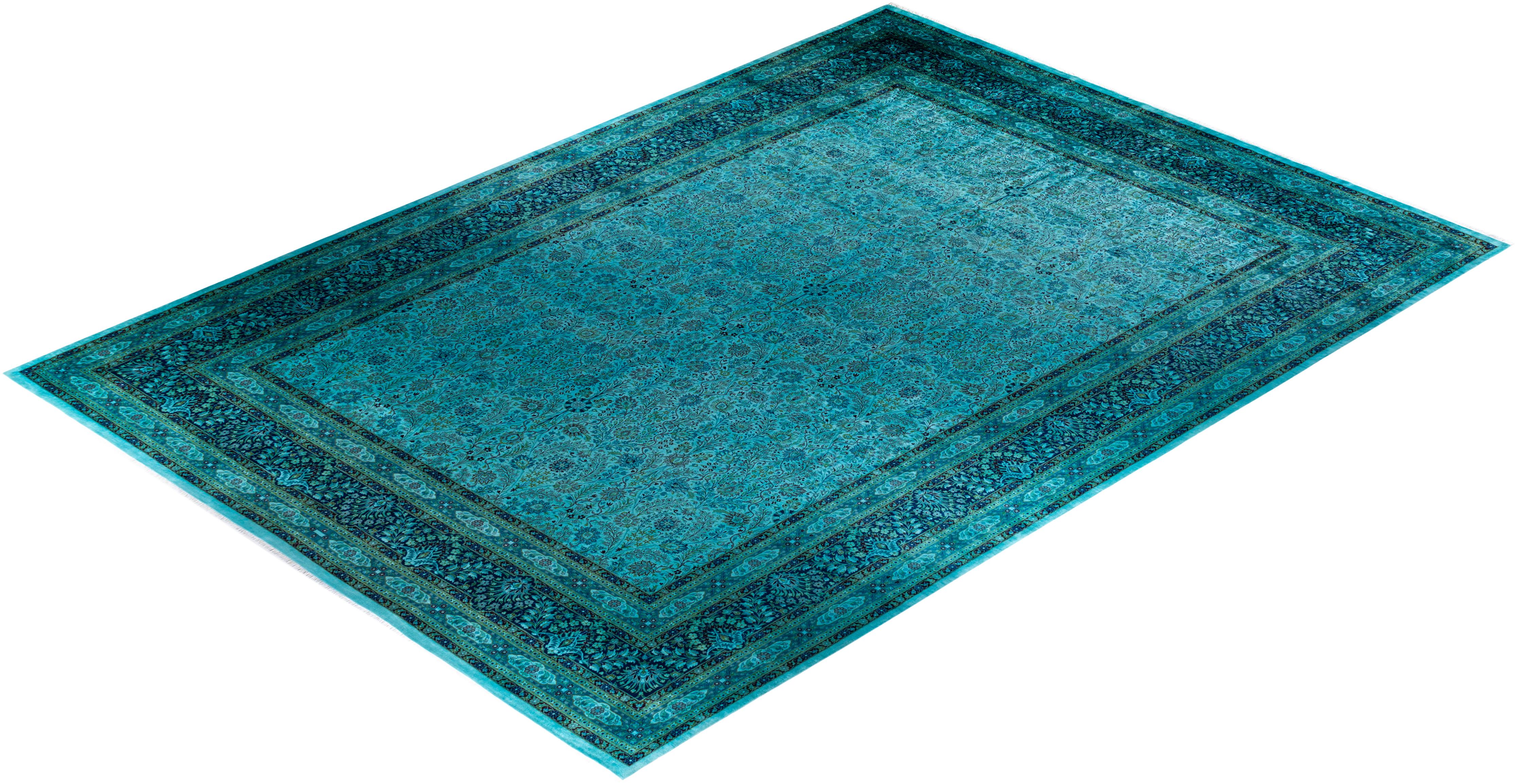 Contemporary Overdyed Hand Knotted Wool Blue Area Rug For Sale 4