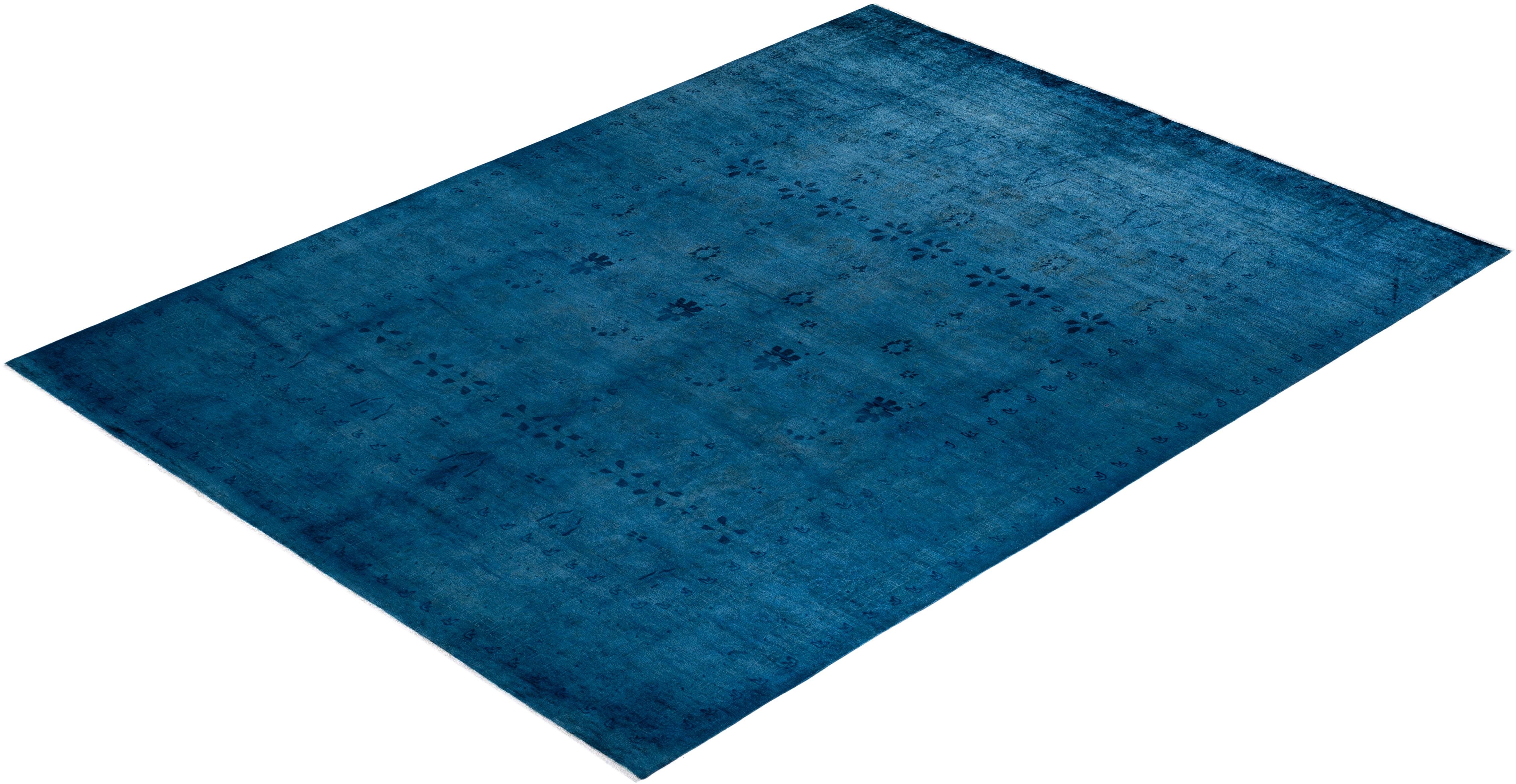 Contemporary Overdyed Hand Knotted Wool Blue Area Rug 4