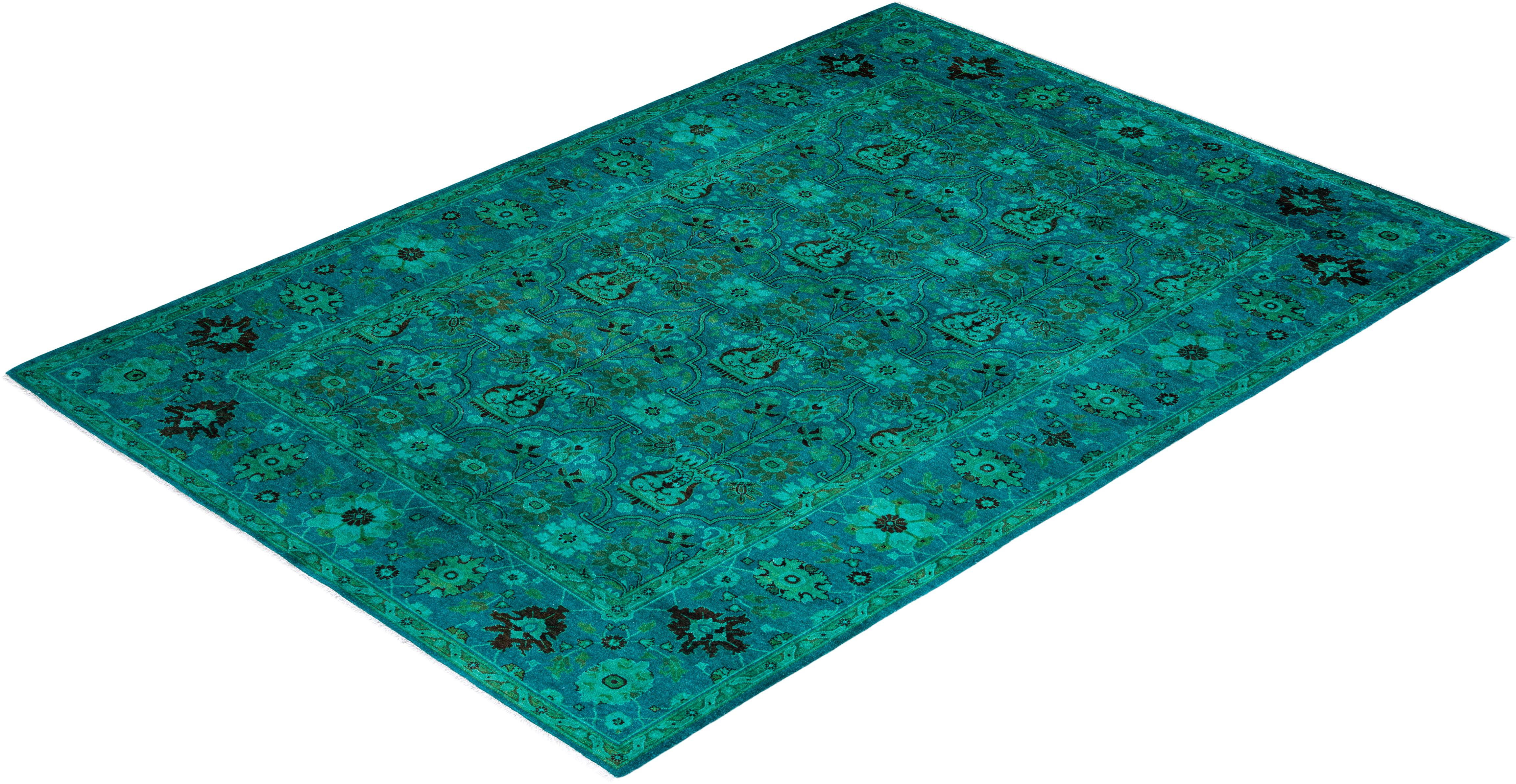 Contemporary Overdyed Hand Knotted Wool Blue Area Rug For Sale 4