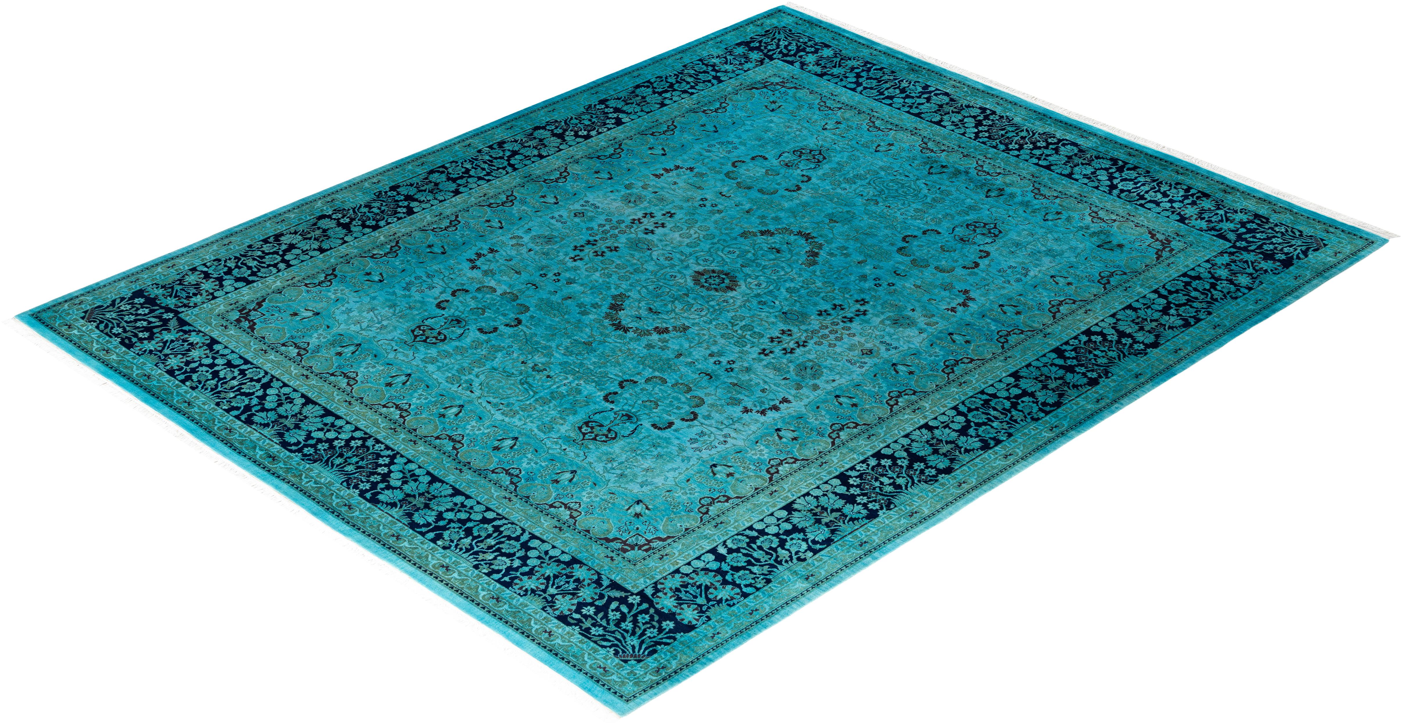 Contemporary Overdyed Hand Knotted Wool Blue Area Rug For Sale 4