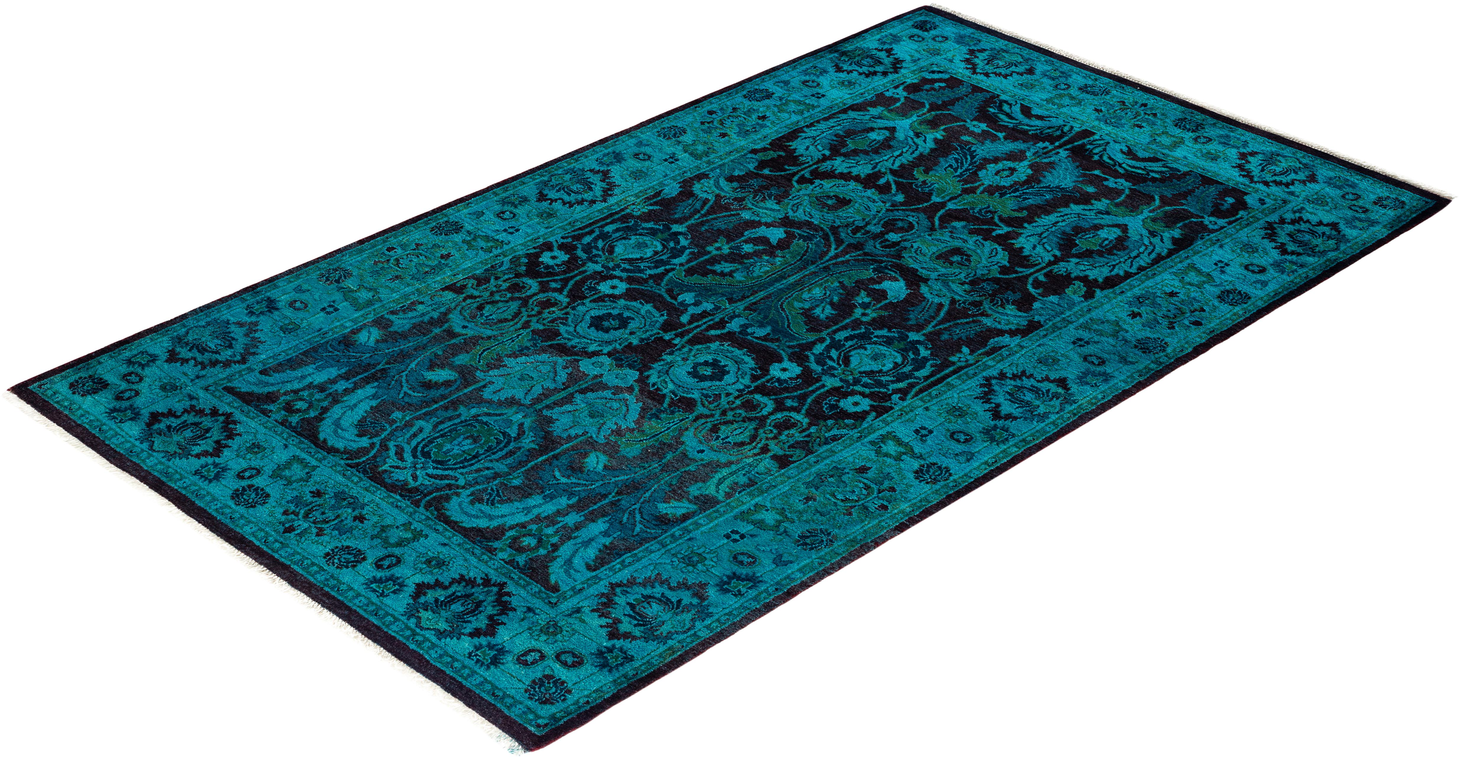 Contemporary Overdyed Hand Knotted Wool Blue Area Rug For Sale 4