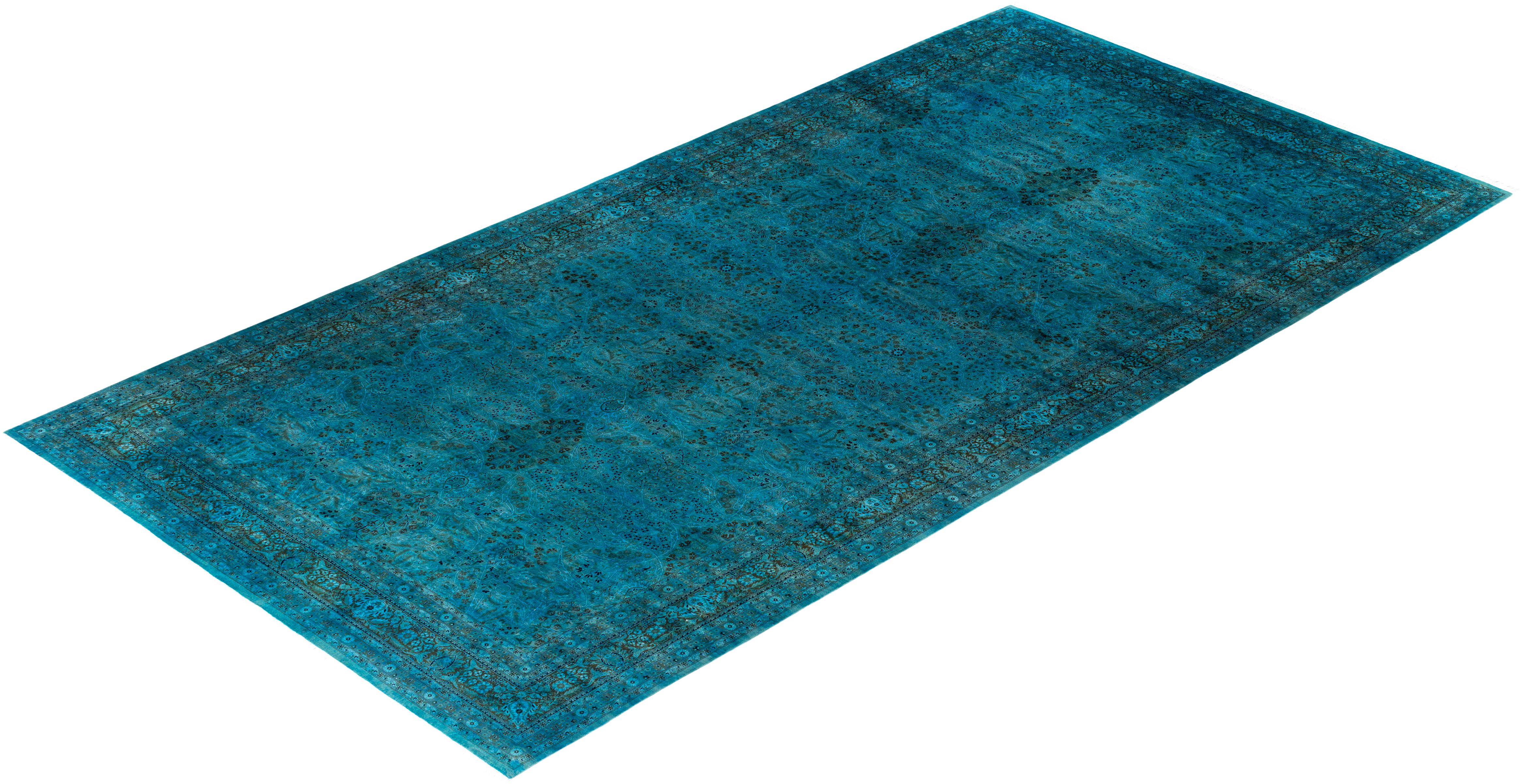 Contemporary Overdyed Hand Knotted Wool Blue Area Rug For Sale 4