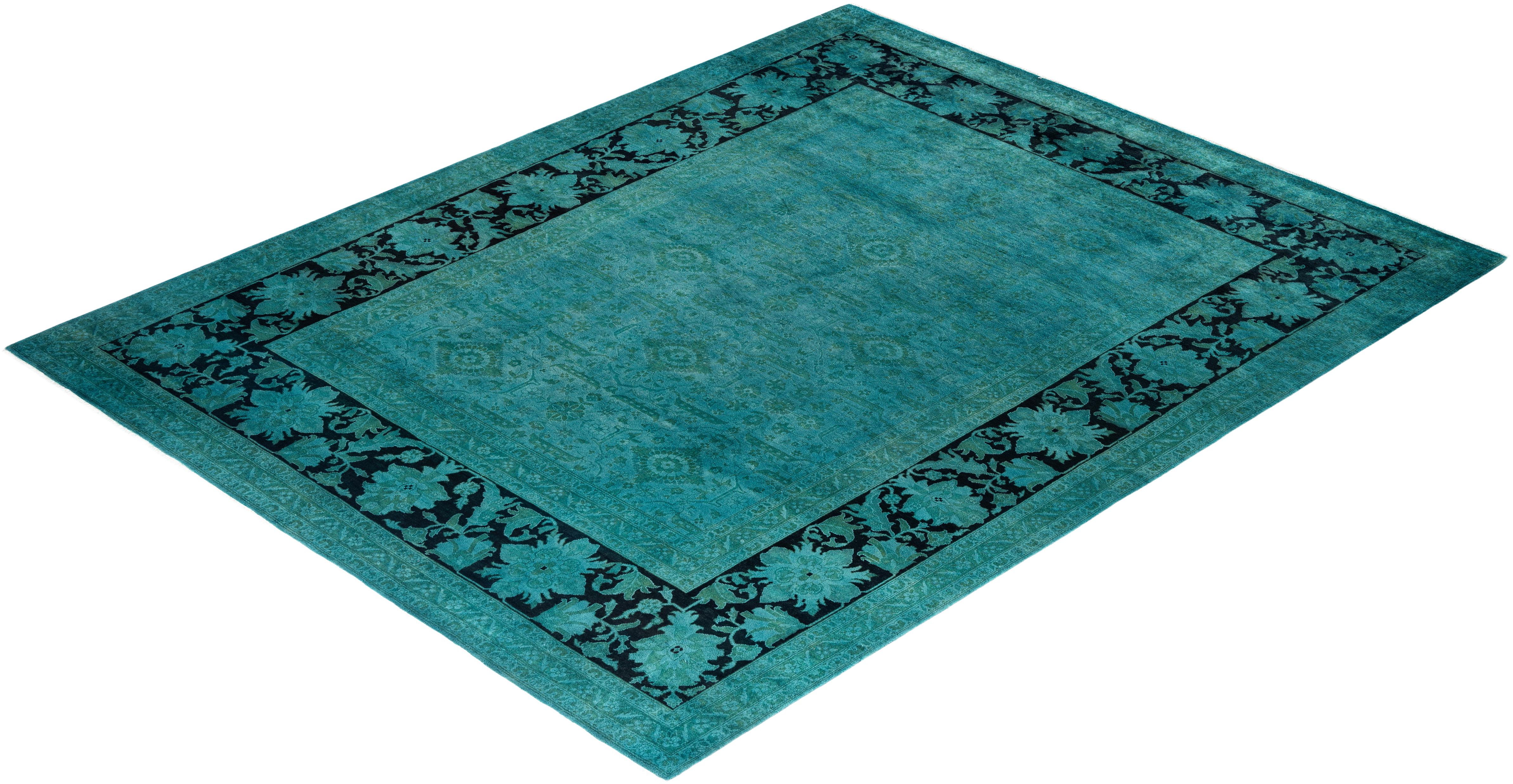 Contemporary Overdyed Hand Knotted Wool Blue Area Rug For Sale 4