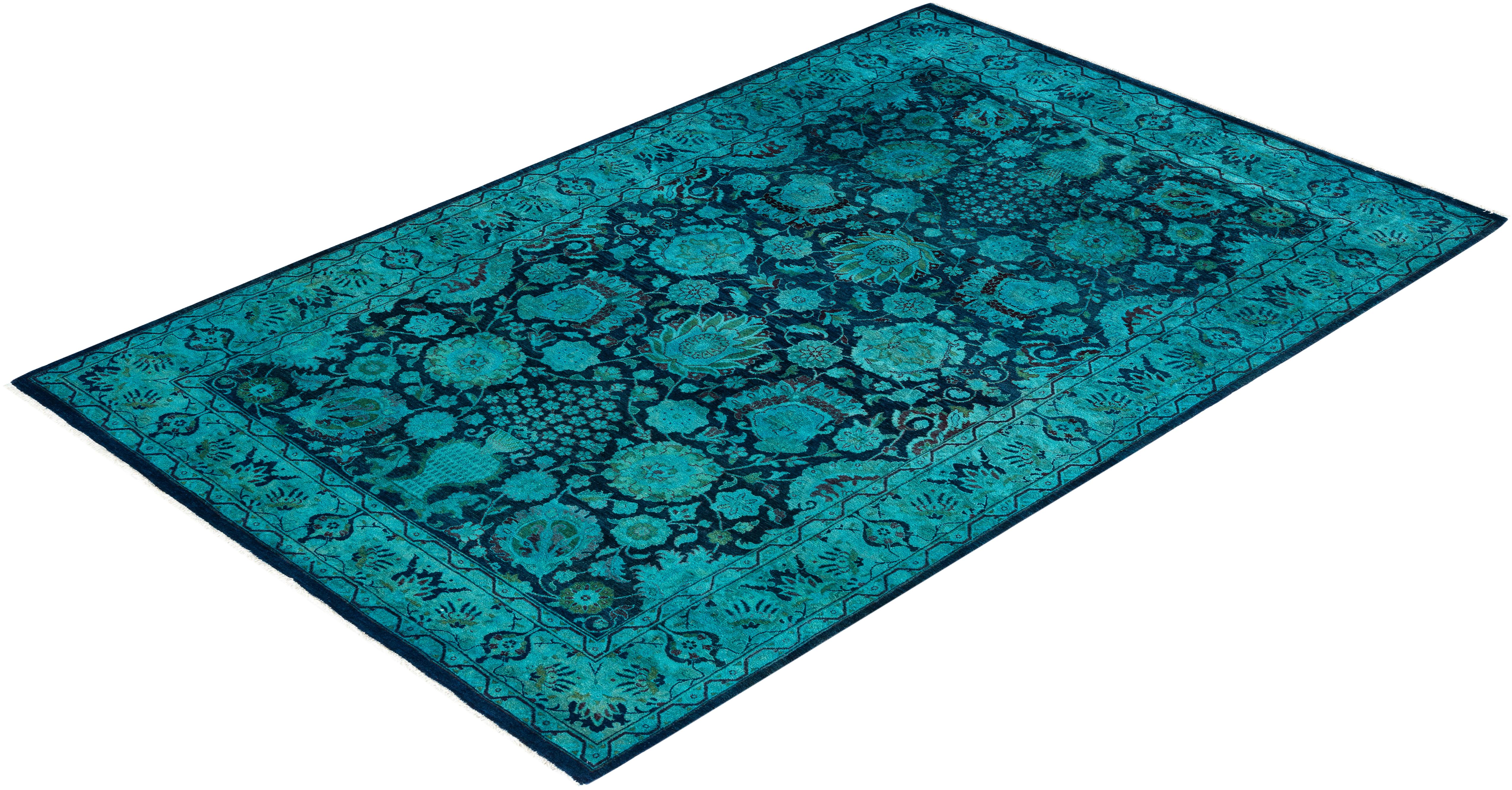 Contemporary Overdyed Hand Knotted Wool Blue Area Rug For Sale 4