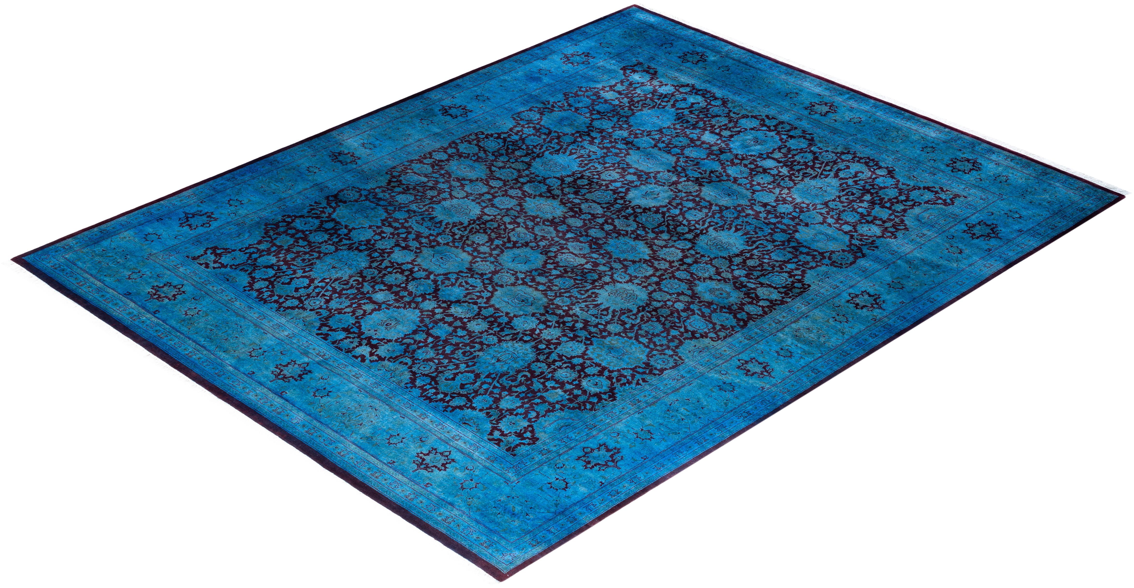 Contemporary Overdyed Hand Knotted Wool Blue Area Rug For Sale 4