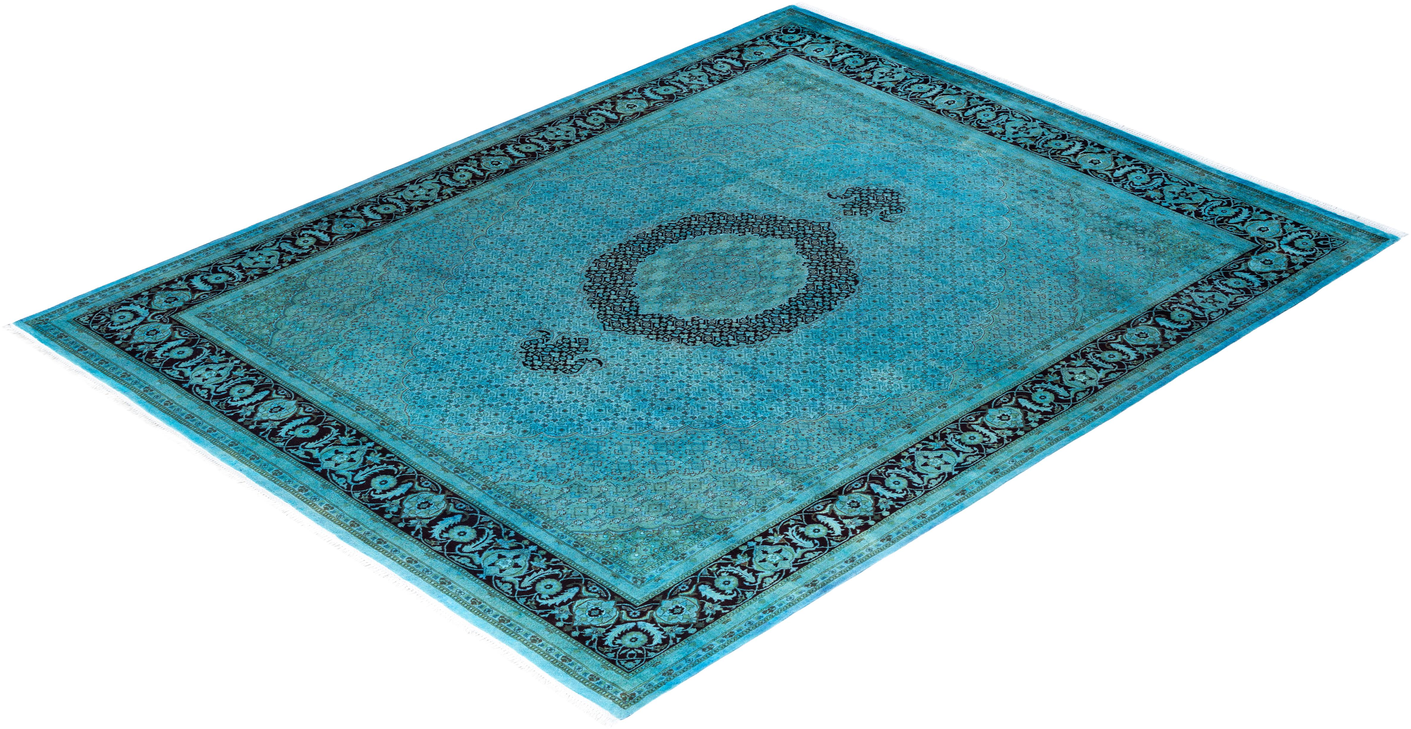 Contemporary Overdyed Hand Knotted Wool Blue Area Rug im Angebot 2