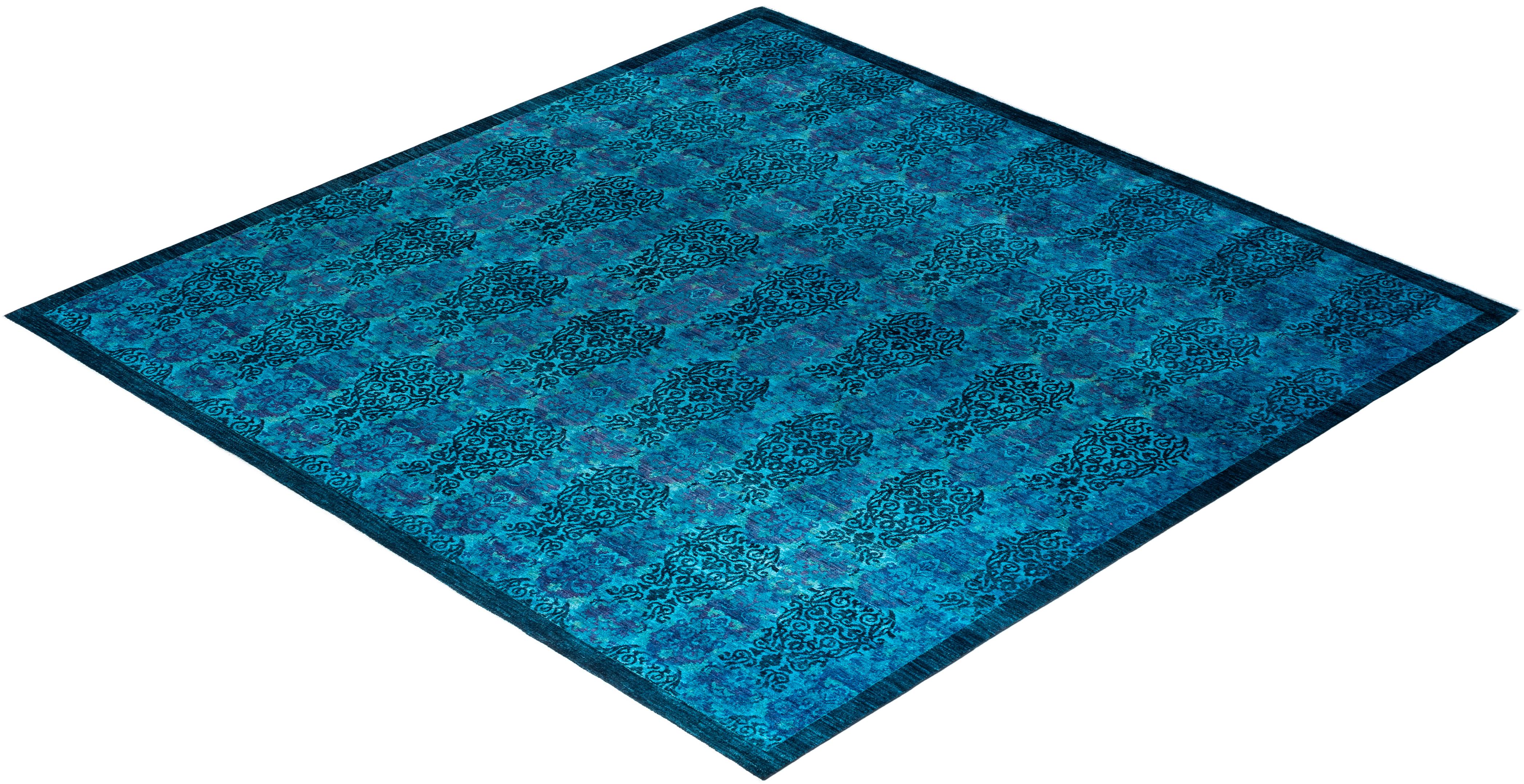 Tapis de sol contemporain en laine surteinte nouée à la main, bleu en vente 2