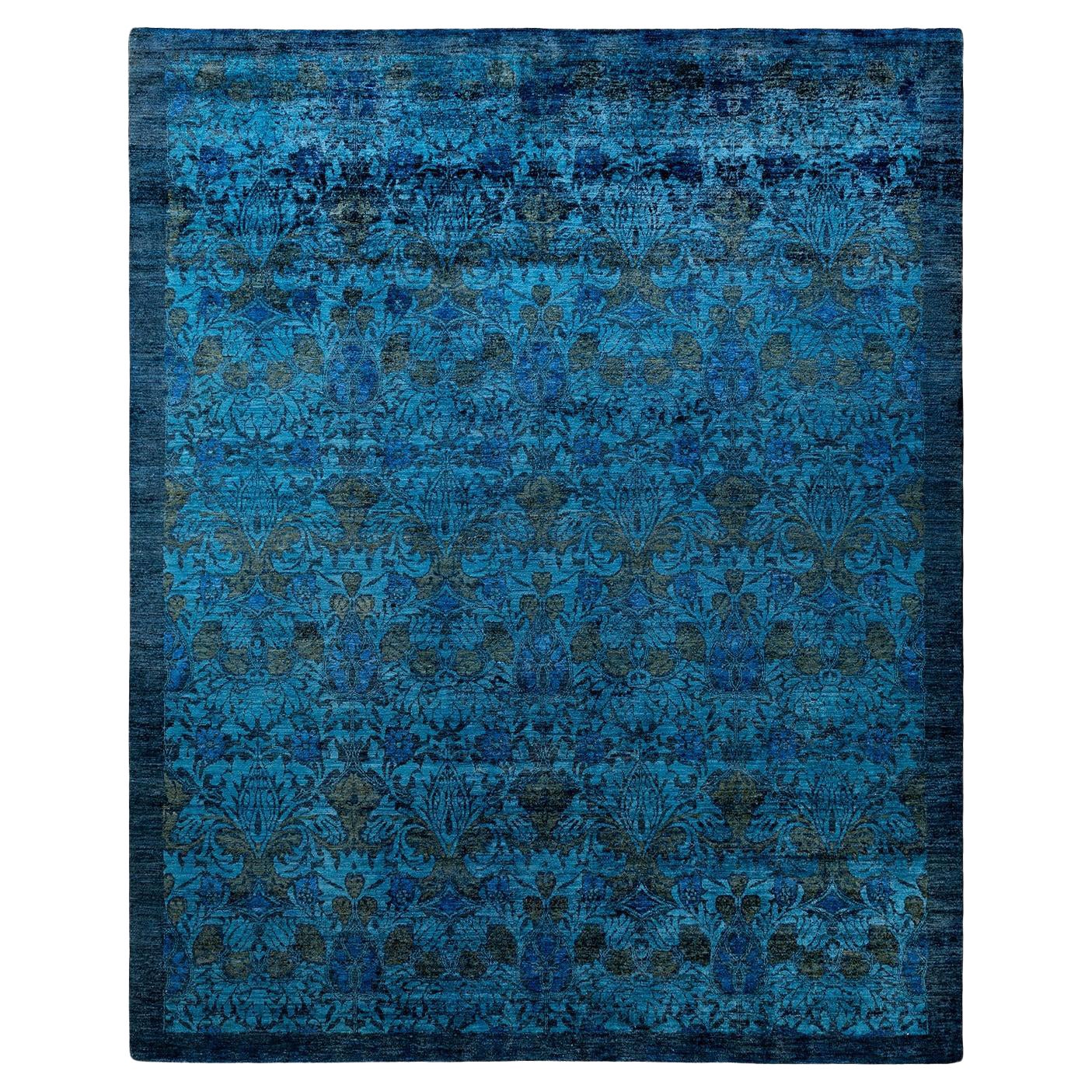 Tappeto contemporaneo in lana sovratinta annodata a mano di colore blu