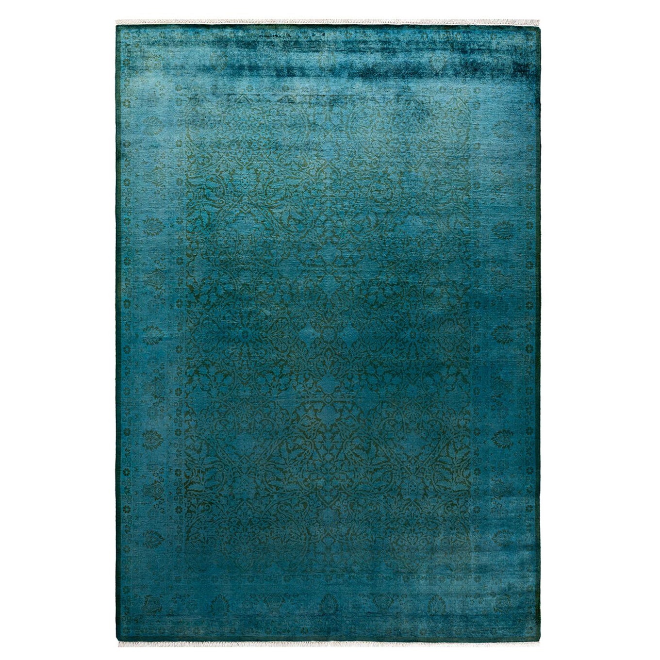 Tapis de sol contemporain en laine surteinte nouée à la main, bleu
