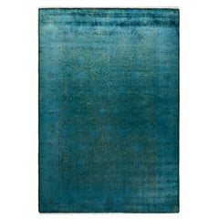 Tapis de sol contemporain en laine surteinte nouée à la main, bleu