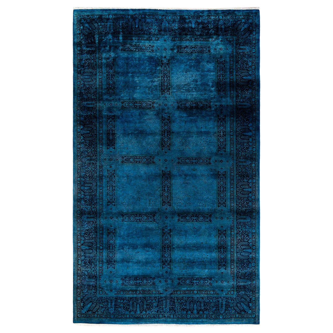 Tappeto contemporaneo in lana sovratinta annodata a mano di colore blu