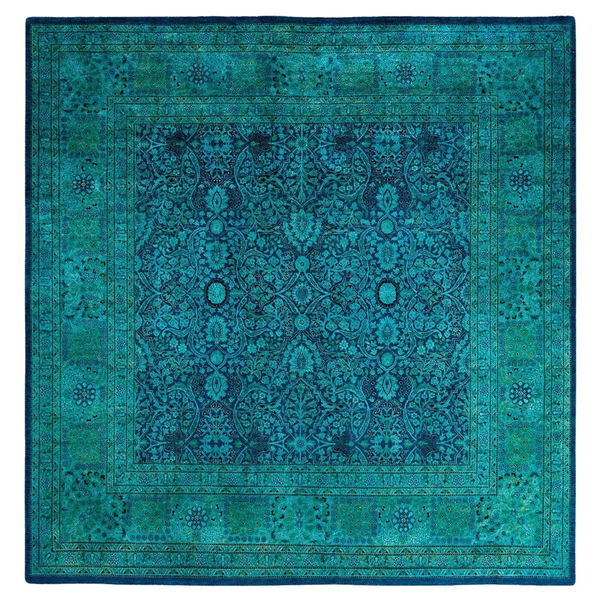 Tapis de sol contemporain en laine surteinte nouée à la main, bleu