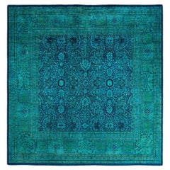 Tapis de sol contemporain en laine surteinte nouée à la main, bleu