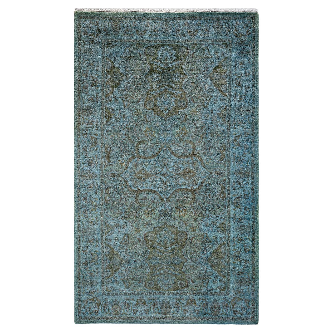 Contemporary Overdyed Hand Knotted Wool Blue Area Rug For Sale
