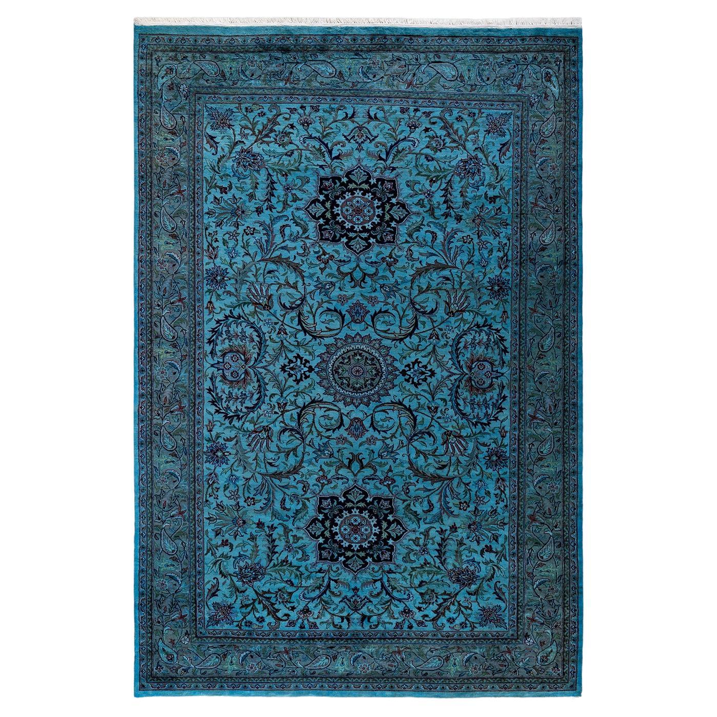 Alfombra de lana teñida a mano contemporánea azul