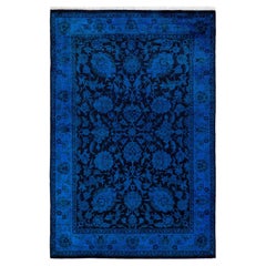 Tapis de sol contemporain en laine surteinte nouée à la main, bleu