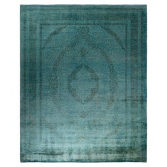Tapis de sol contemporain en laine surteinte nouée à la main, bleu