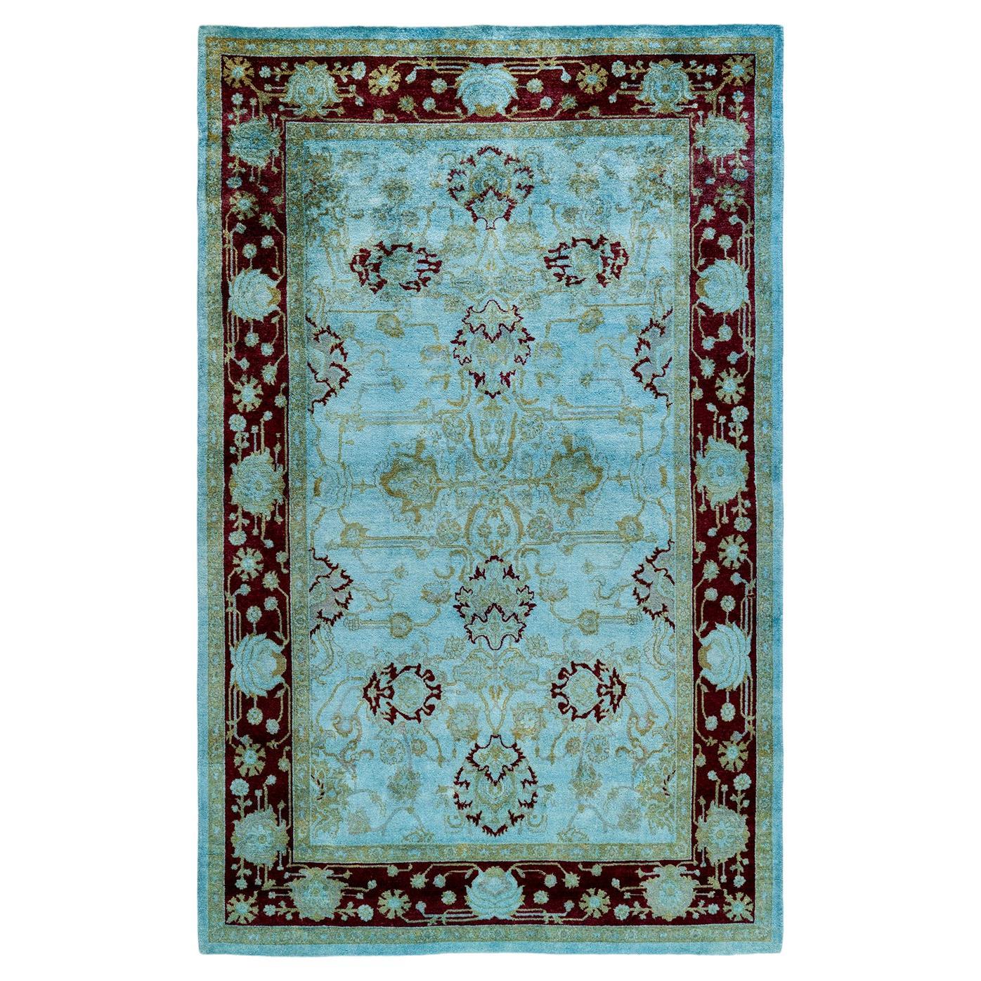Contemporary Overdyed Hand Knotted Wool Blue Area Rug