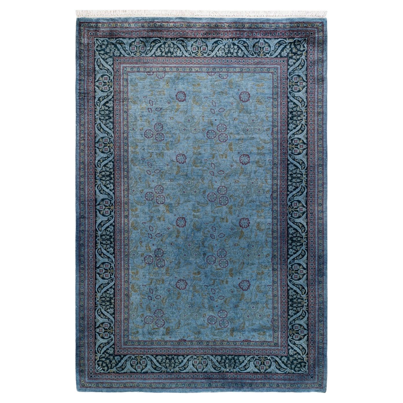 Contemporary Overdyed Hand Knotted Wool Blue Area Rug For Sale