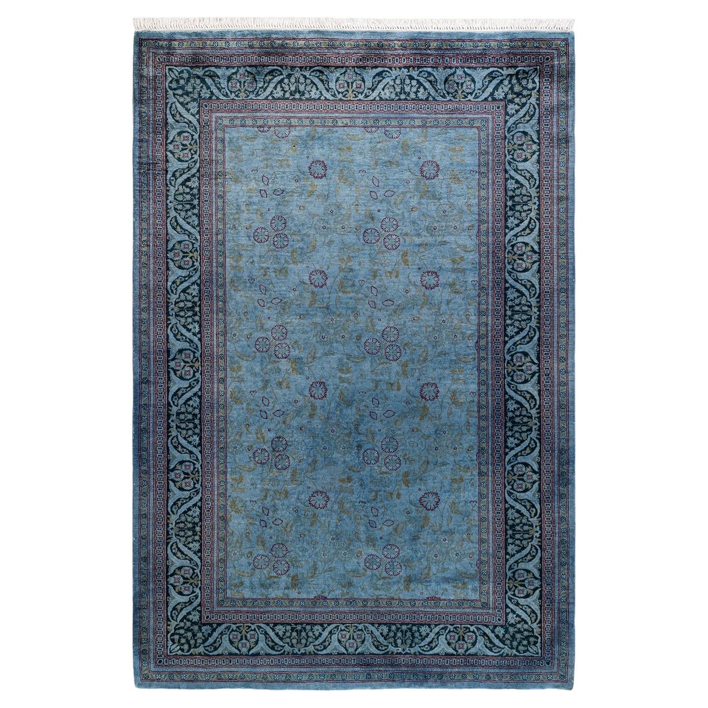 Contemporary Overdyed Hand Knotted Wool Blue Area Rug