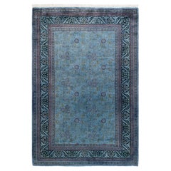 Tapis de sol contemporain en laine surteinte nouée à la main, bleu