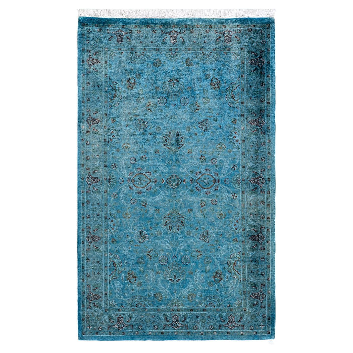 Contemporary Overdyed Hand Knotted Wool Blue Area Rug