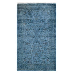 Tapis de sol contemporain en laine surteinte nouée à la main, bleu