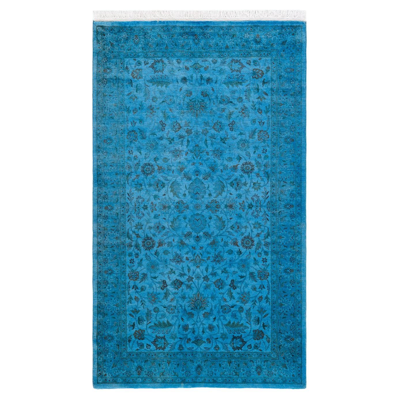 Tappeto contemporaneo in lana sovratinta annodata a mano di colore blu