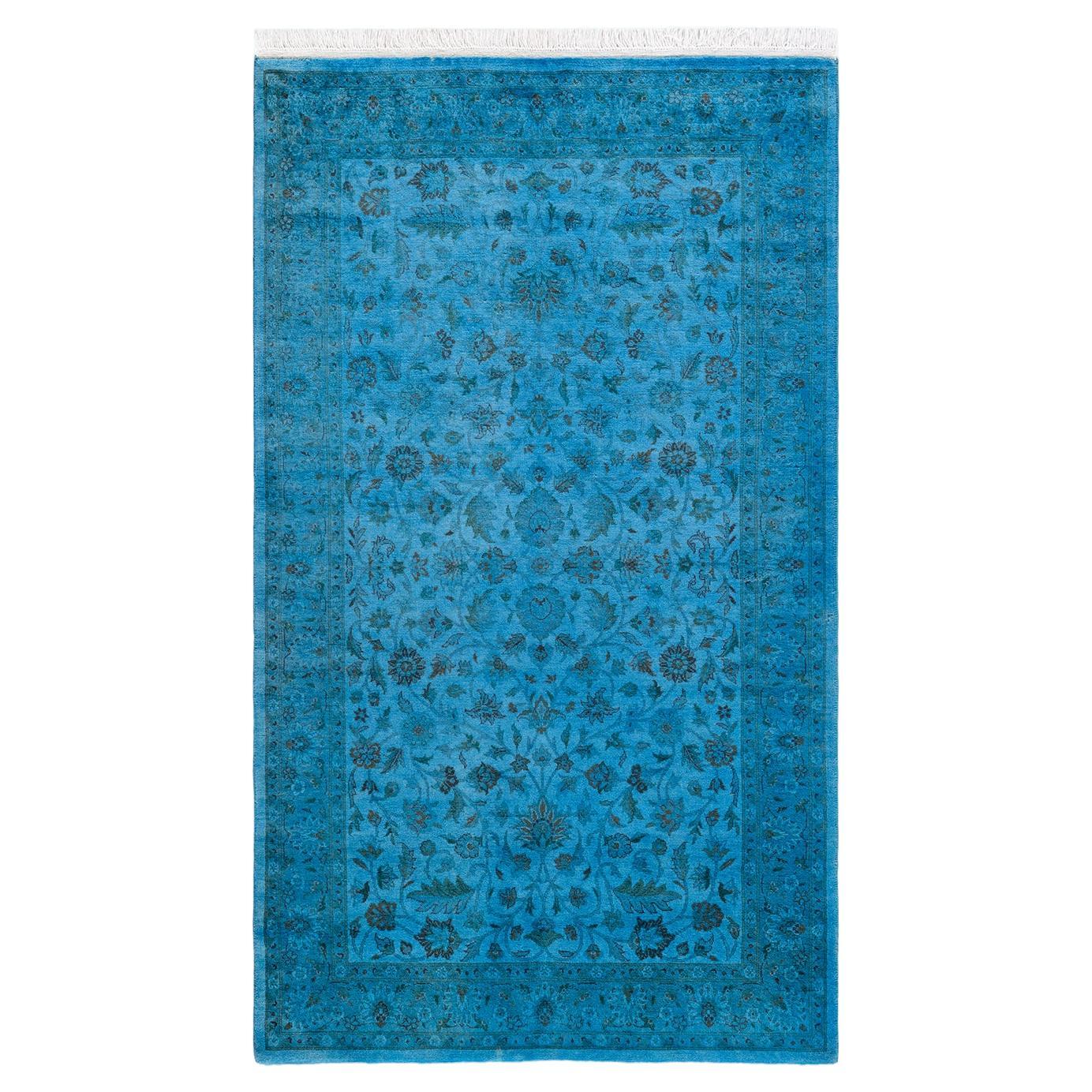 Tapis de sol contemporain en laine surteinte nouée à la main, bleu