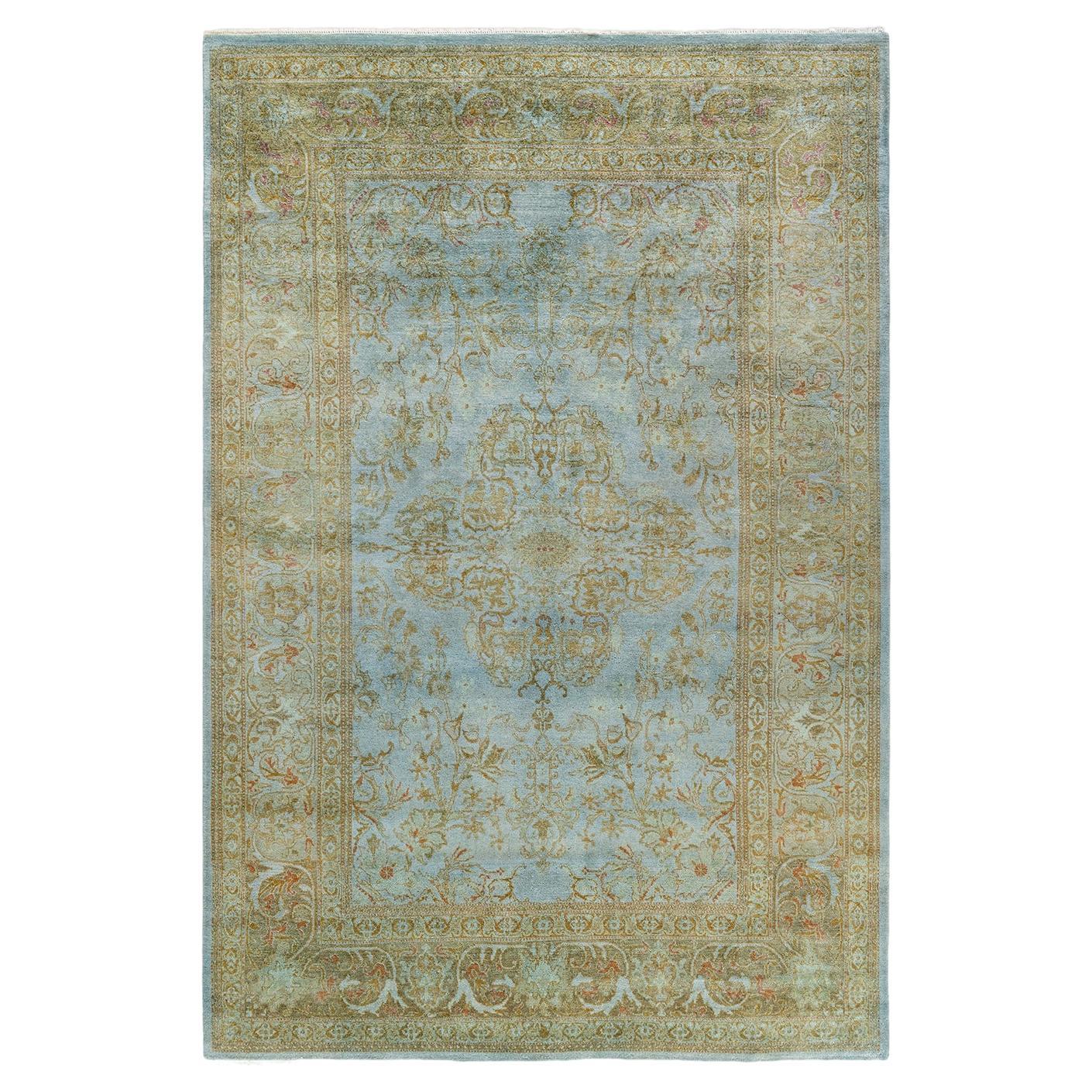 Tappeto contemporaneo in lana sovratinta annodata a mano di colore blu