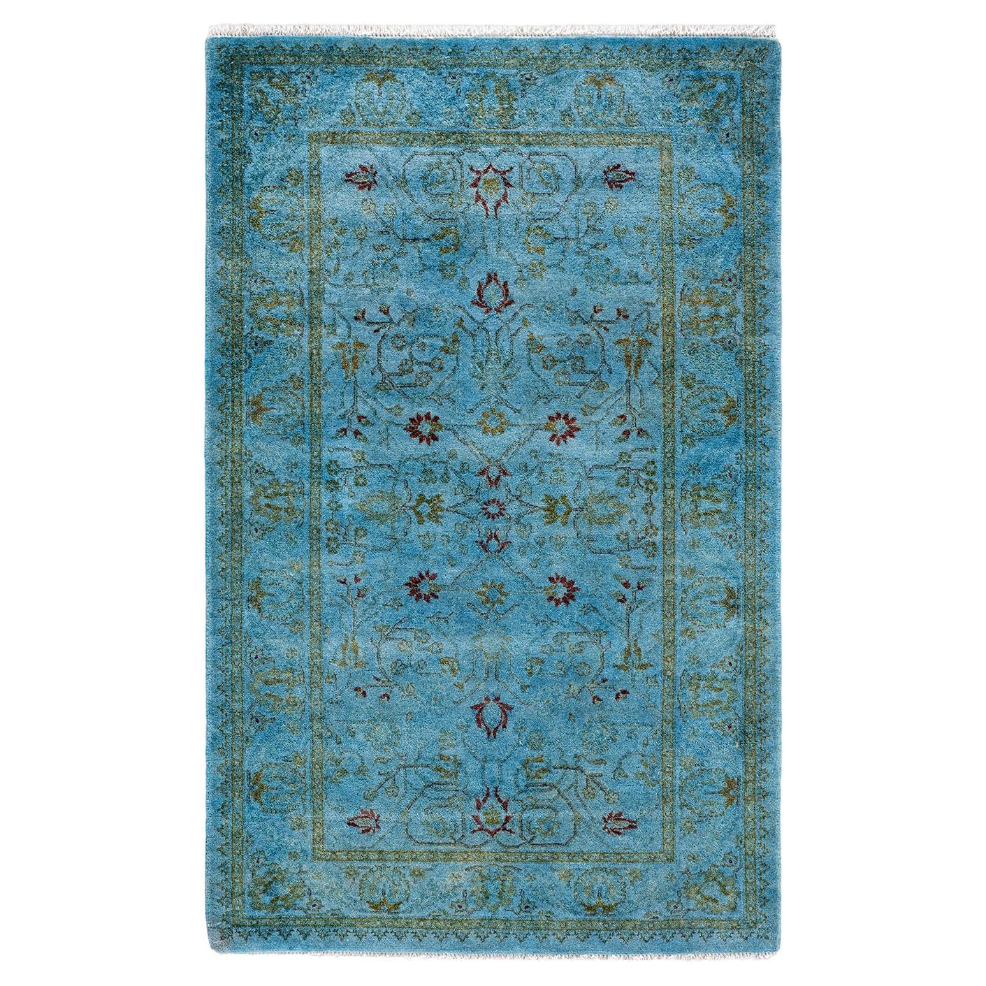 Contemporary Overdyed Hand Knotted Wool Blue Area Rug