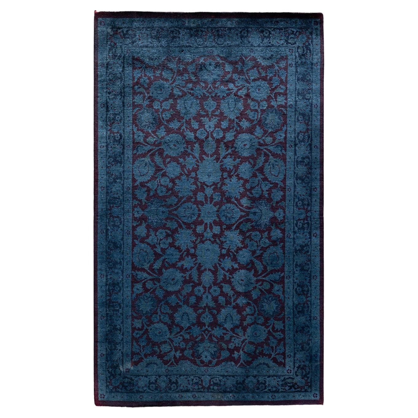 Contemporary Overdyed Hand Knotted Wool Blue Area Rug