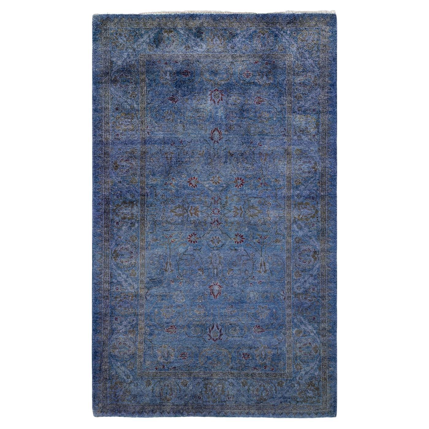 Contemporary Overdyed Hand Knotted Wool Blue Area Rug For Sale at 1stDibs